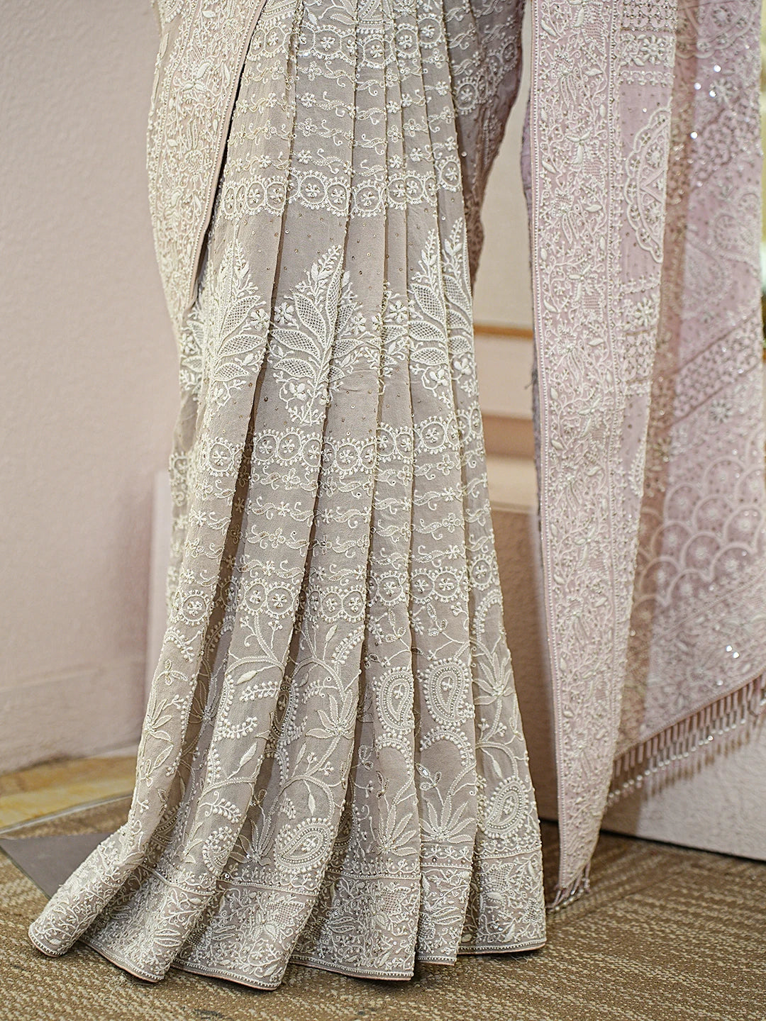 Ada Hand Embroidered Ombre Shade of Pink & Grey Pure Georgette Lucknowi Chikankari Saree With Blouse With Pearl Work A47571