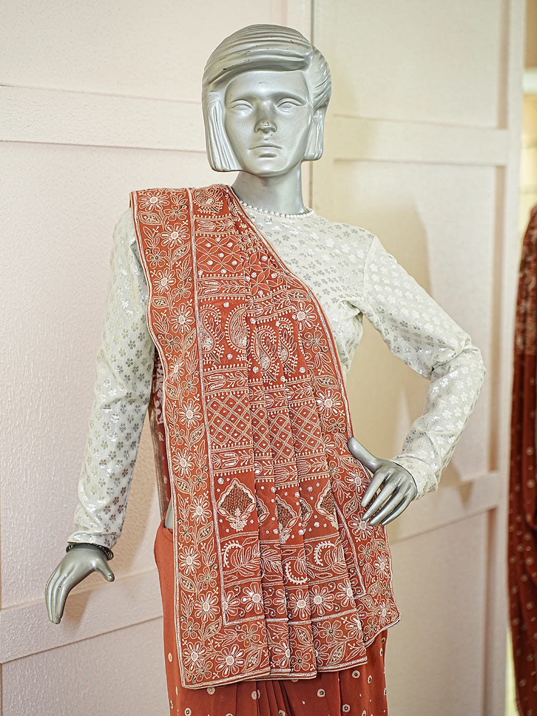 Ada Hand Embroidered Rust Pure Georgette Lucknowi Chikankari Saree With Blouse With Pearl Work 01A169407