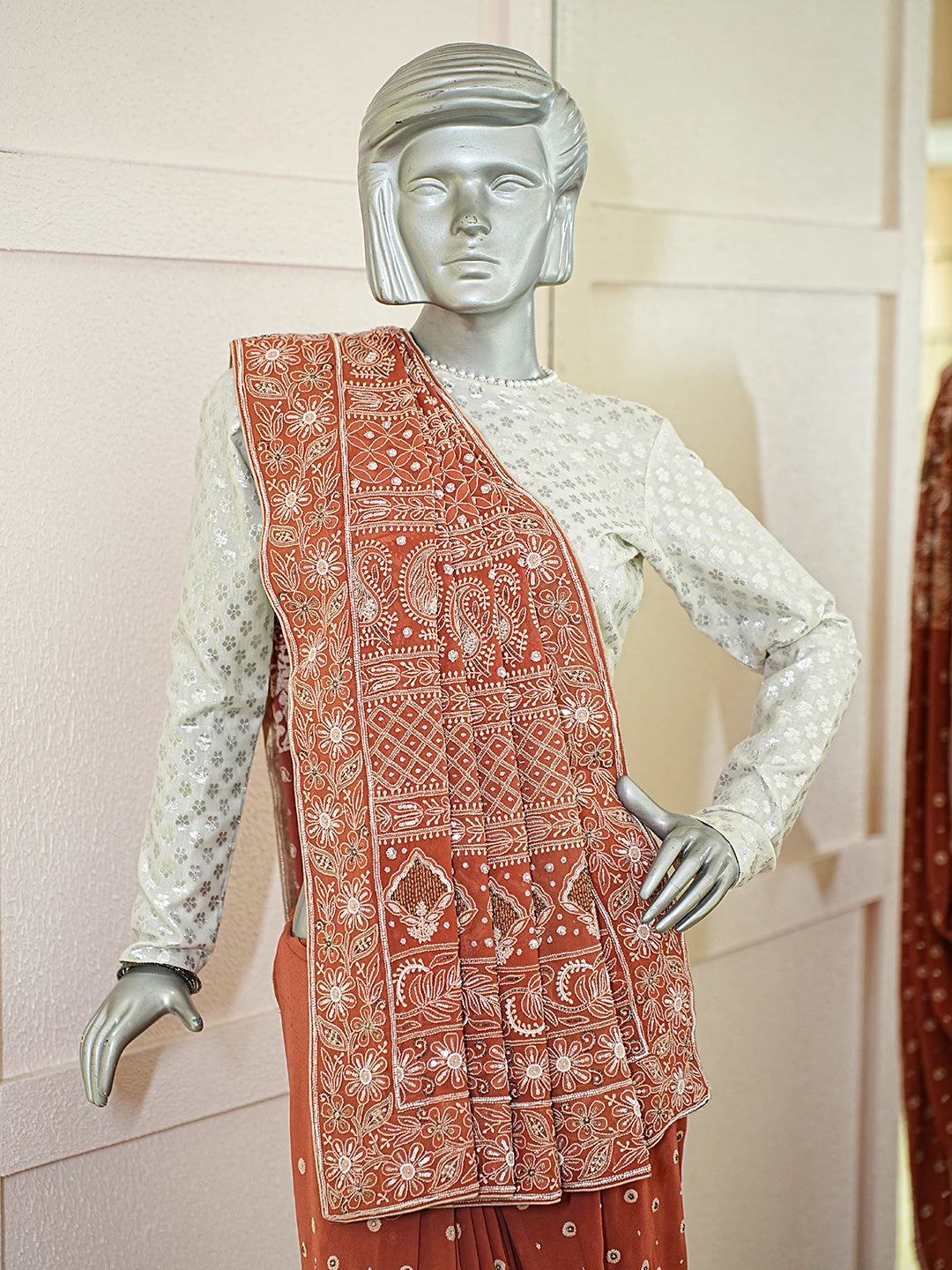 Ada Hand Embroidered Rust Pure Georgette Lucknowi Chikankari Saree With Blouse With Pearl Work 01A169407