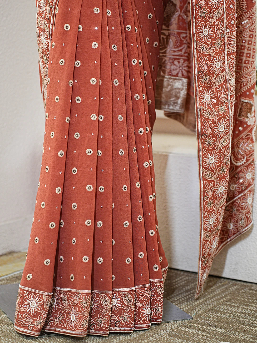 Ada Hand Embroidered Rust Pure Georgette Lucknowi Chikankari Saree With Blouse With Pearl Work 01A169407