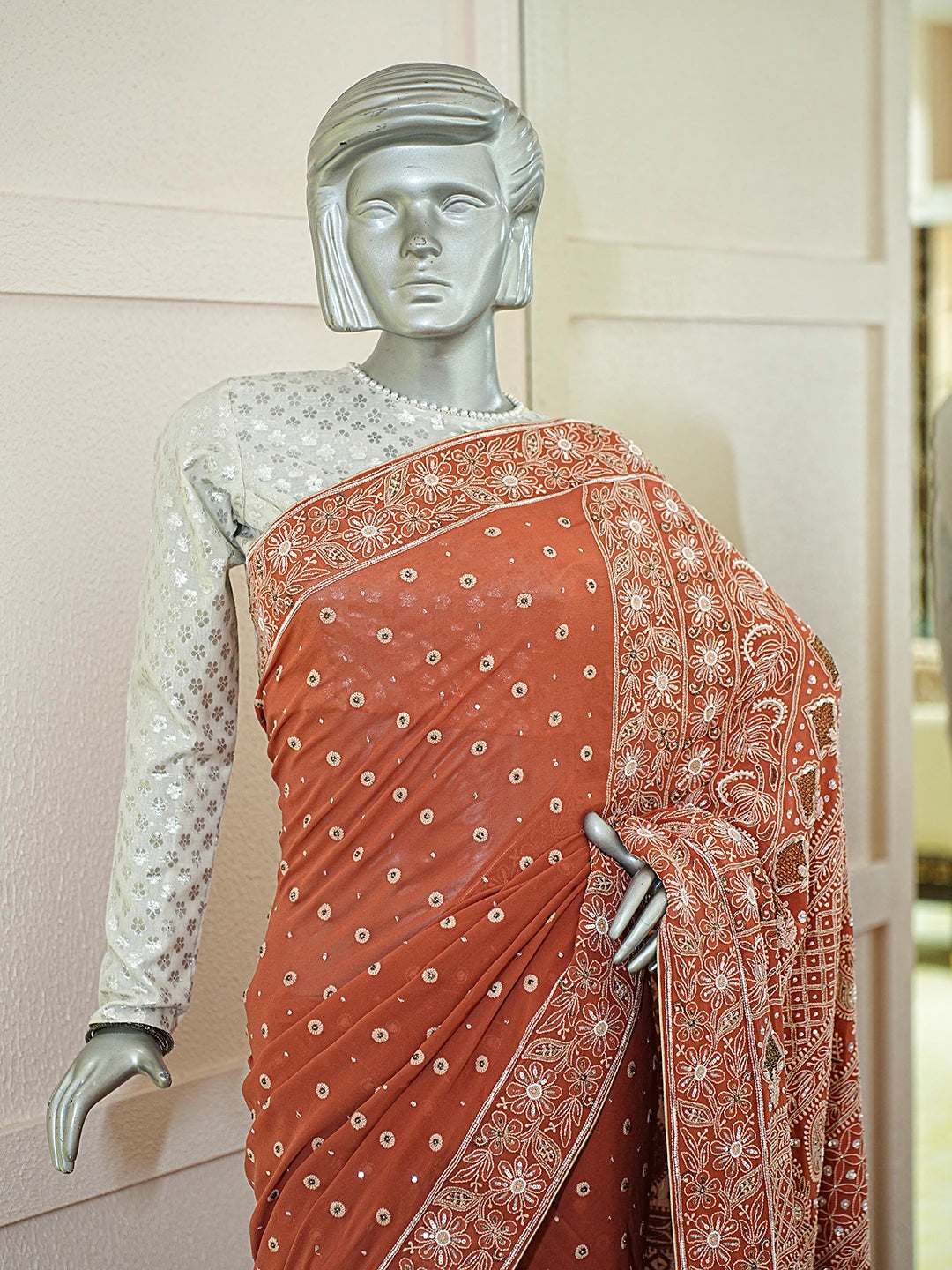 Ada Hand Embroidered Rust Pure Georgette Lucknowi Chikankari Saree With Blouse With Pearl Work 01A169407