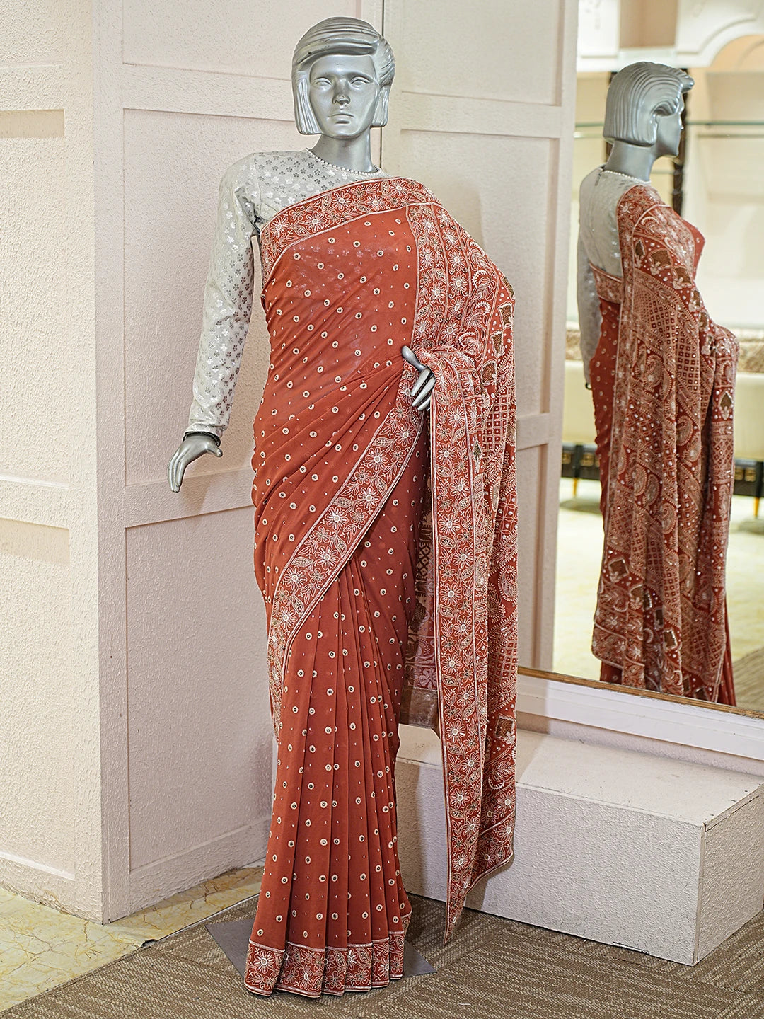 Ada Hand Embroidered Rust Pure Georgette Lucknowi Chikankari Saree With Blouse With Pearl Work 01A169407