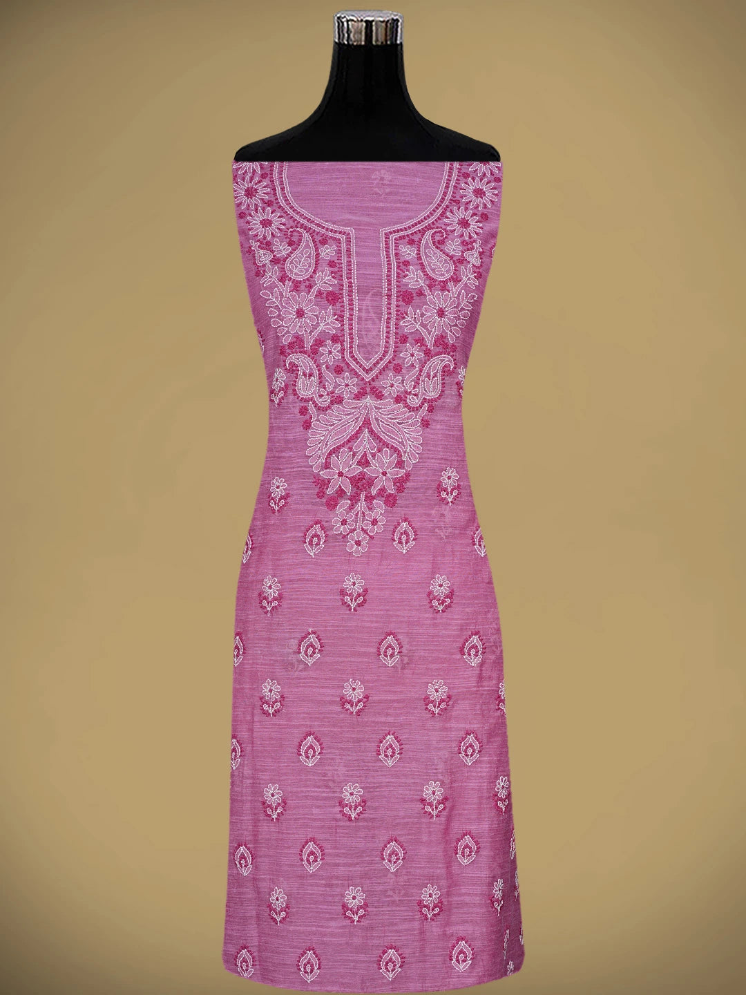 Ada Hand Embroidered Magenta Chanderi Lucknowi Chikankari Unstitched Kurta Dupatta Set 01A836926