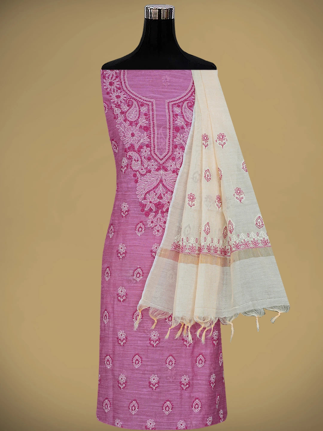 Ada Hand Embroidered Magenta Chanderi Lucknowi Chikankari Unstitched Kurta Dupatta Set 01A836926