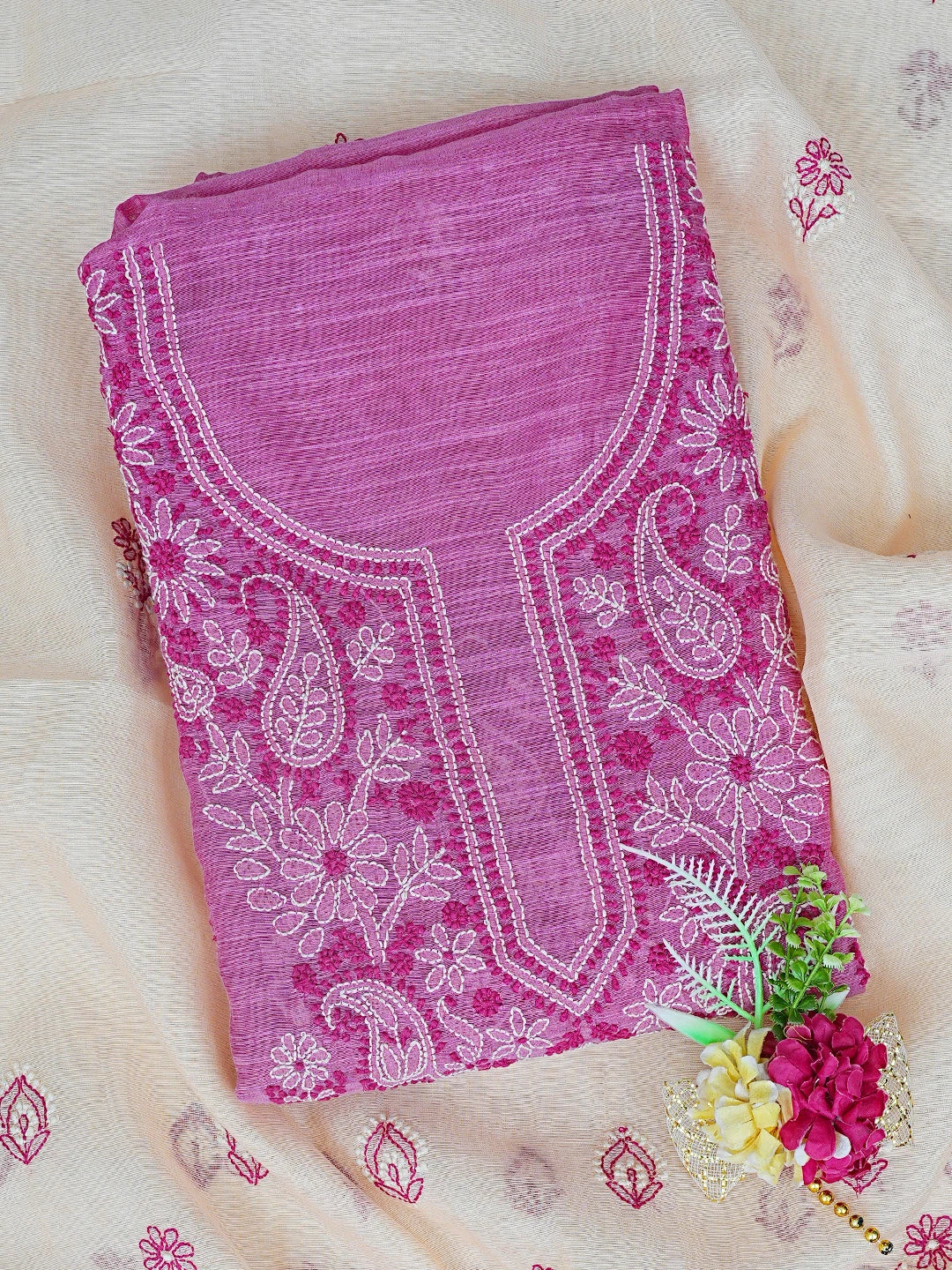 Ada Hand Embroidered Magenta Chanderi Lucknowi Chikankari Unstitched Kurta Dupatta Set 01A836926