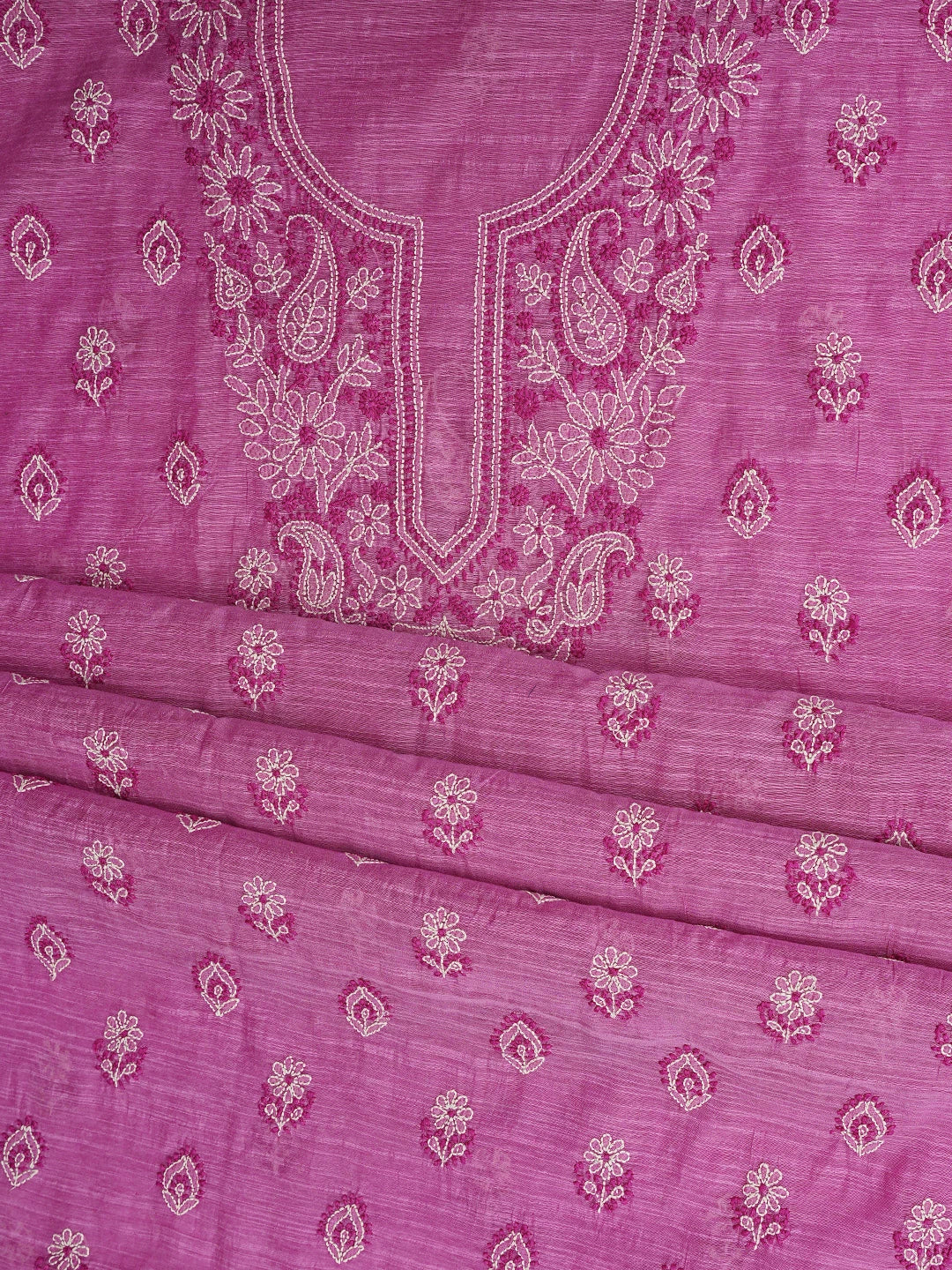 Ada Hand Embroidered Magenta Chanderi Lucknowi Chikankari Unstitched Kurta Dupatta Set 01A836926