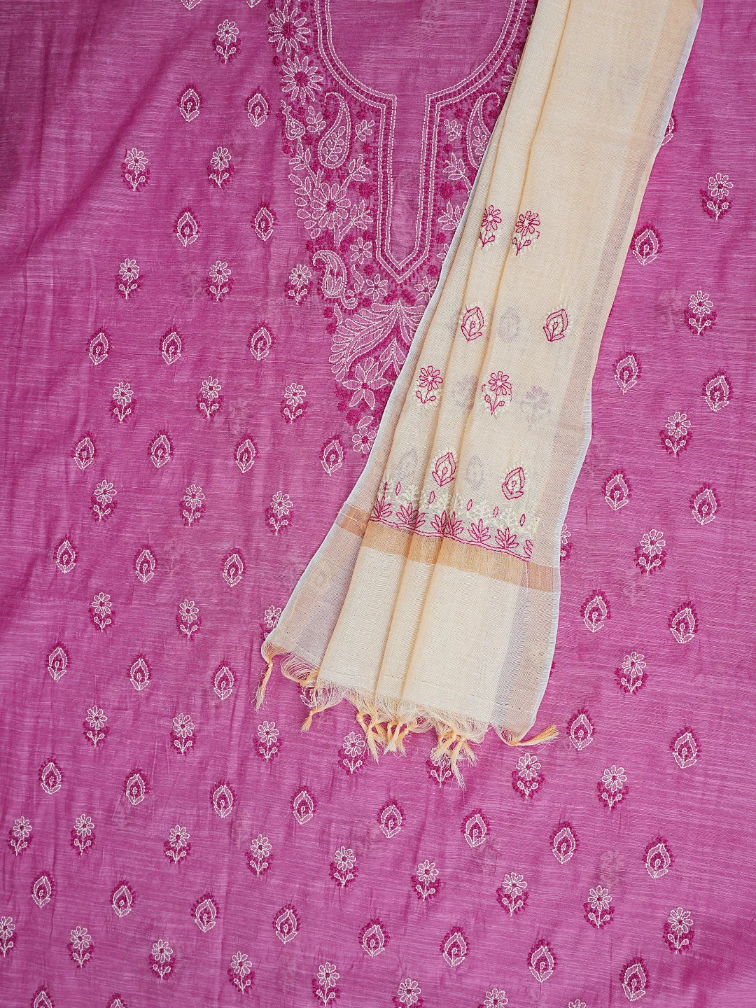 Ada Hand Embroidered Magenta Chanderi Lucknowi Chikankari Unstitched Kurta Dupatta Set 01A836926