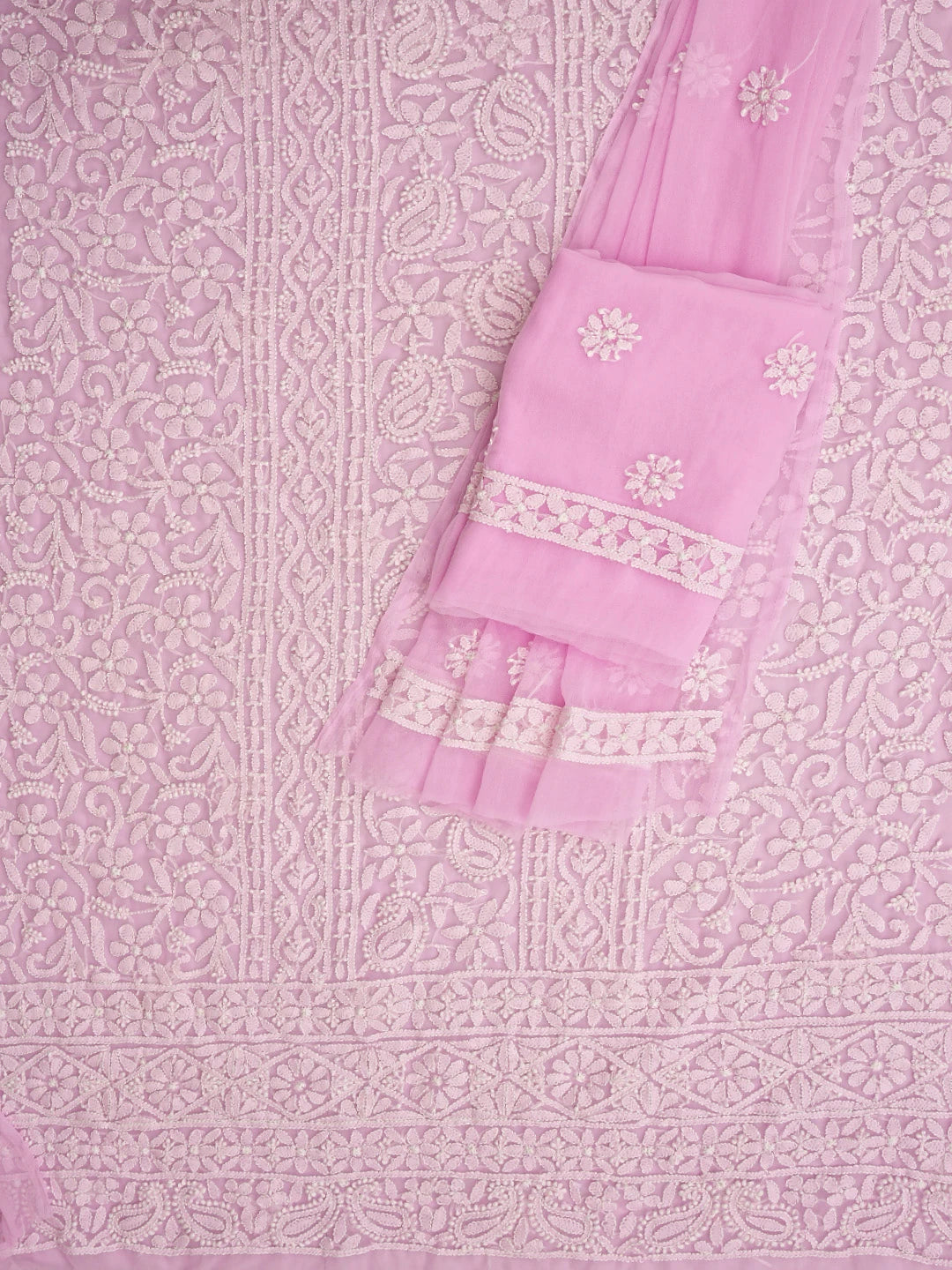 Ada Hand Embroidered Pink Georgette Lucknowi Chikankari Unstitched Suit Piece 01A873528