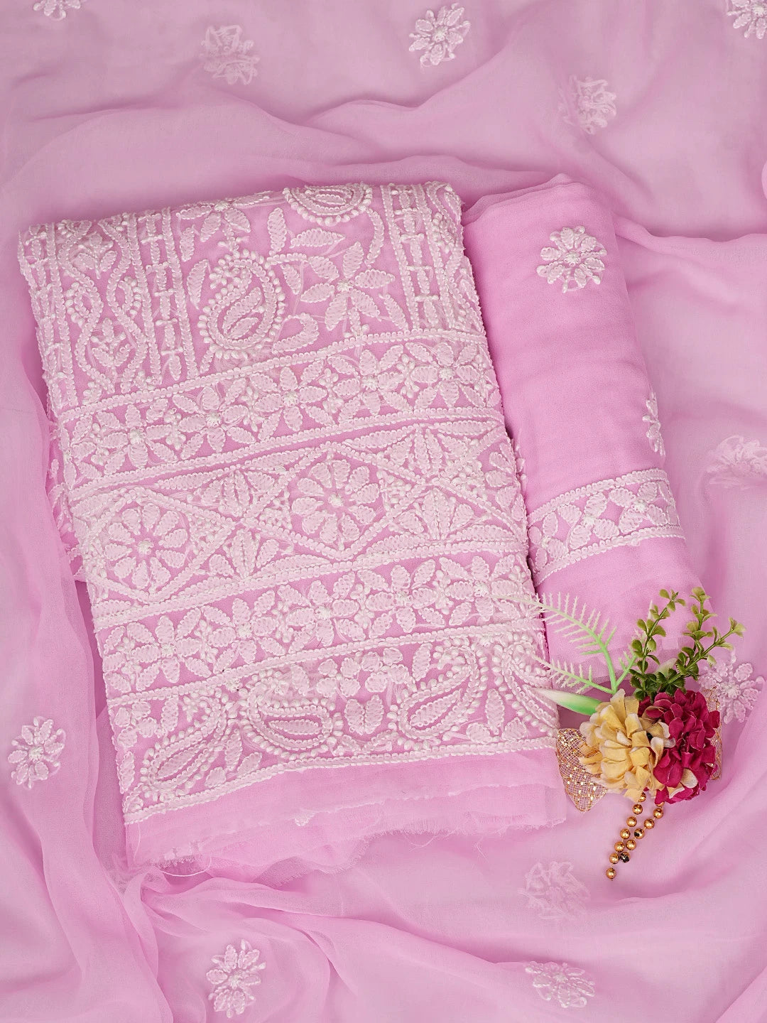 Ada Hand Embroidered Pink Georgette Lucknowi Chikankari Unstitched Suit Piece 01A873528
