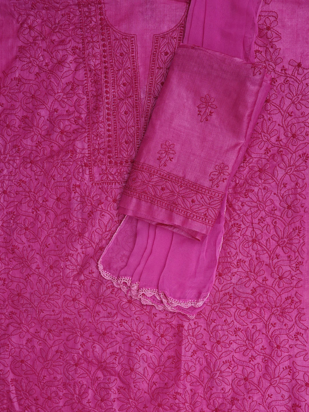 Ada Hand Embroidered Magenta Tussar Silk Lucknowi Chikankari Unstitched Suit Piece 01A869041
