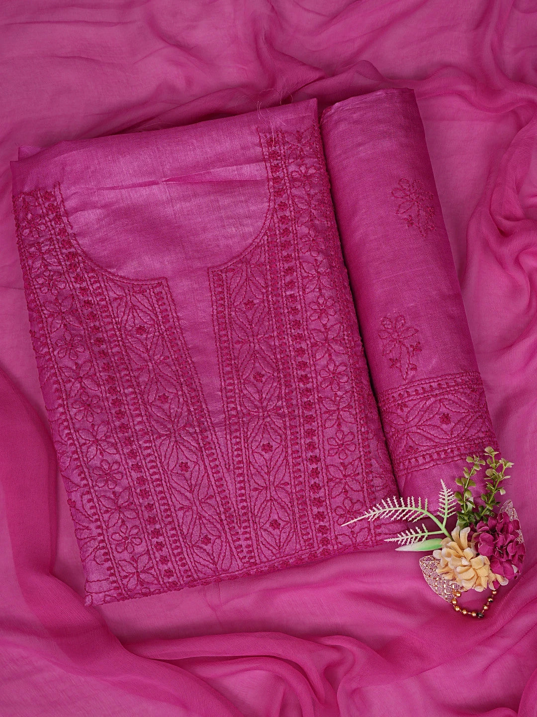 Ada Hand Embroidered Magenta Tussar Silk Lucknowi Chikankari Unstitched Suit Piece 01A869041