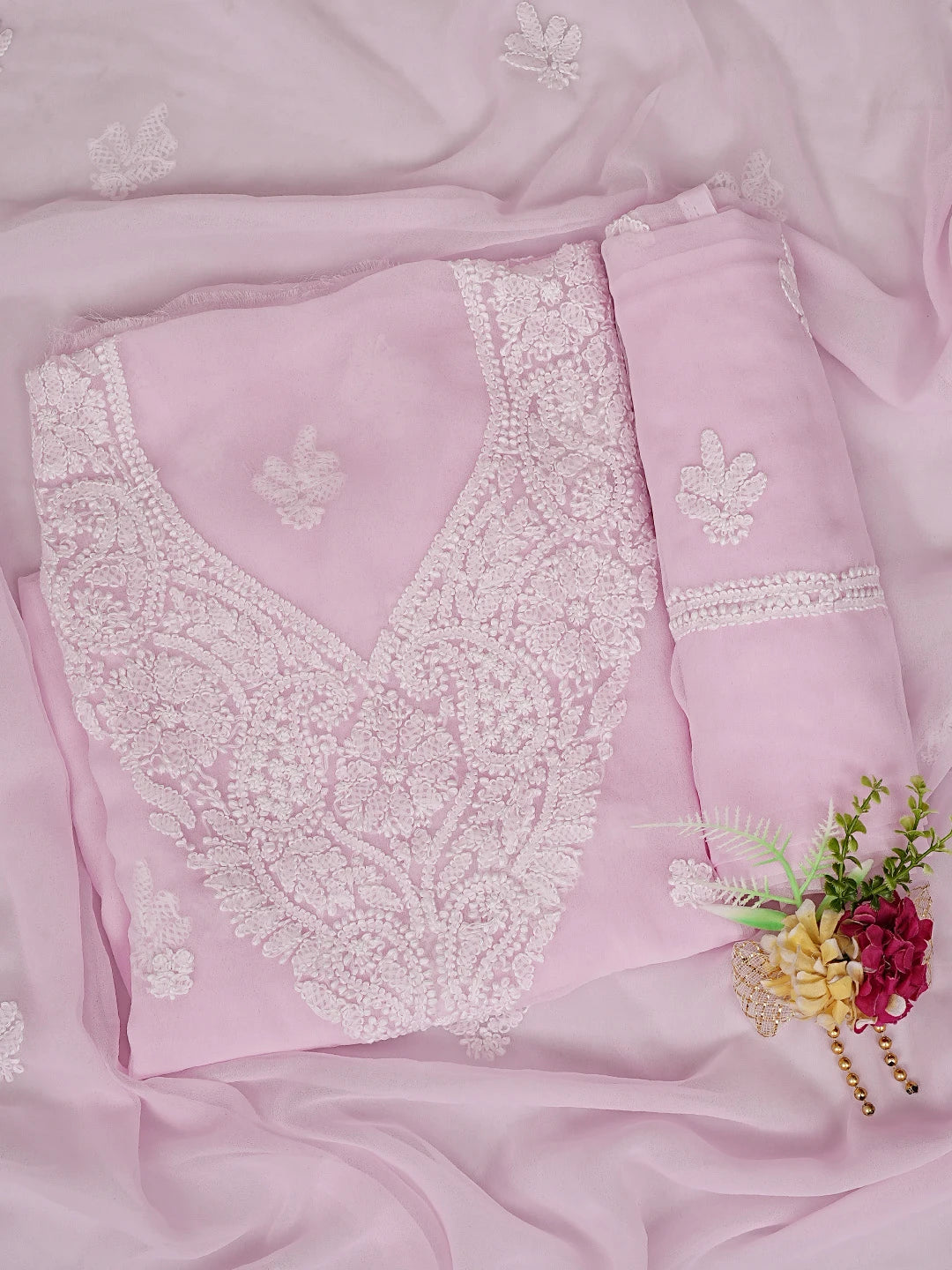 Ada Hand Embroidered Pink Georgette Lucknowi Chikankari Unstitched Suit Piece 01A866831