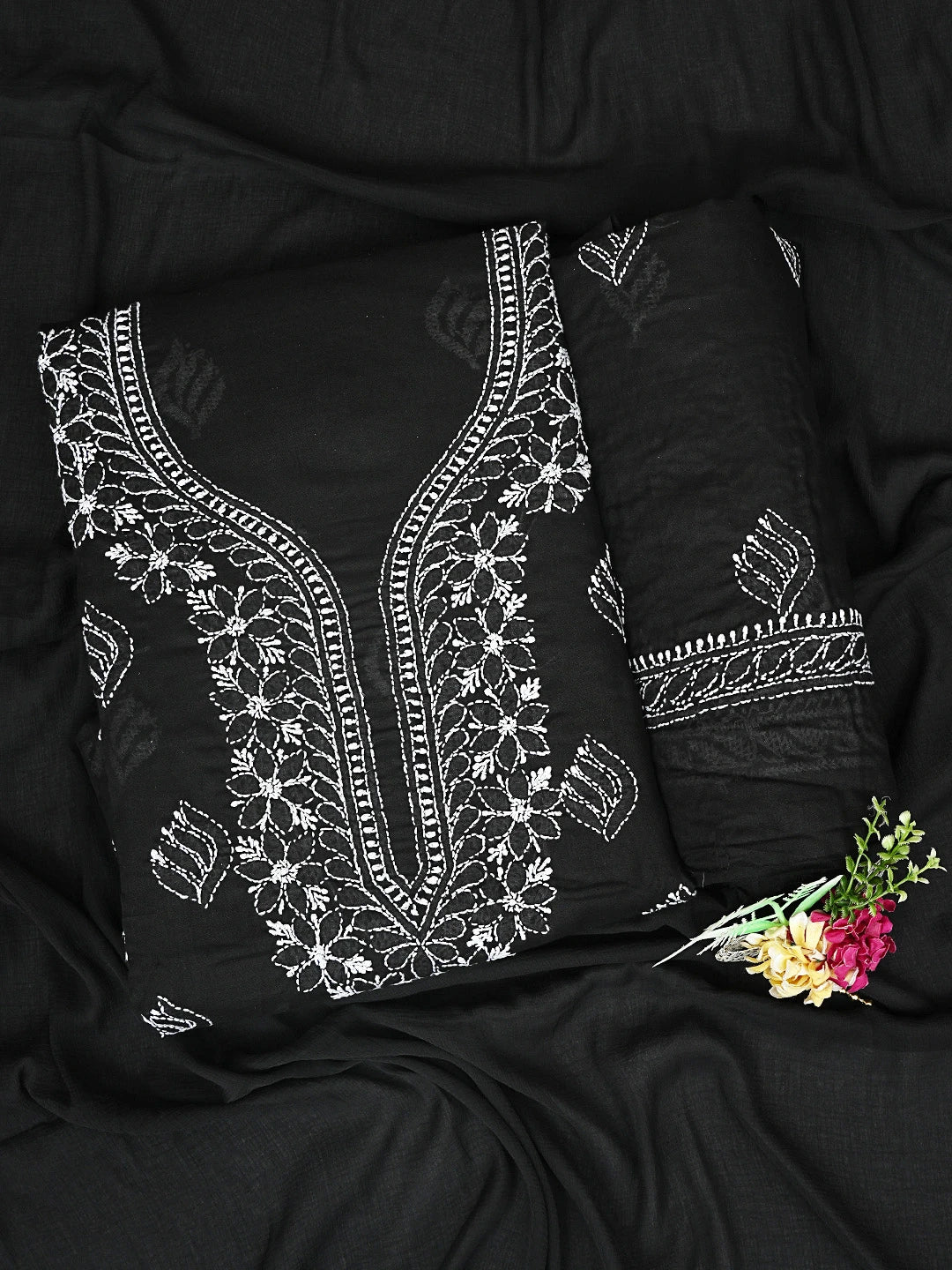 Ada Hand Embroidered Black Cotton Lucknowi Chikankari Unstitched Suit Piece 01A873285