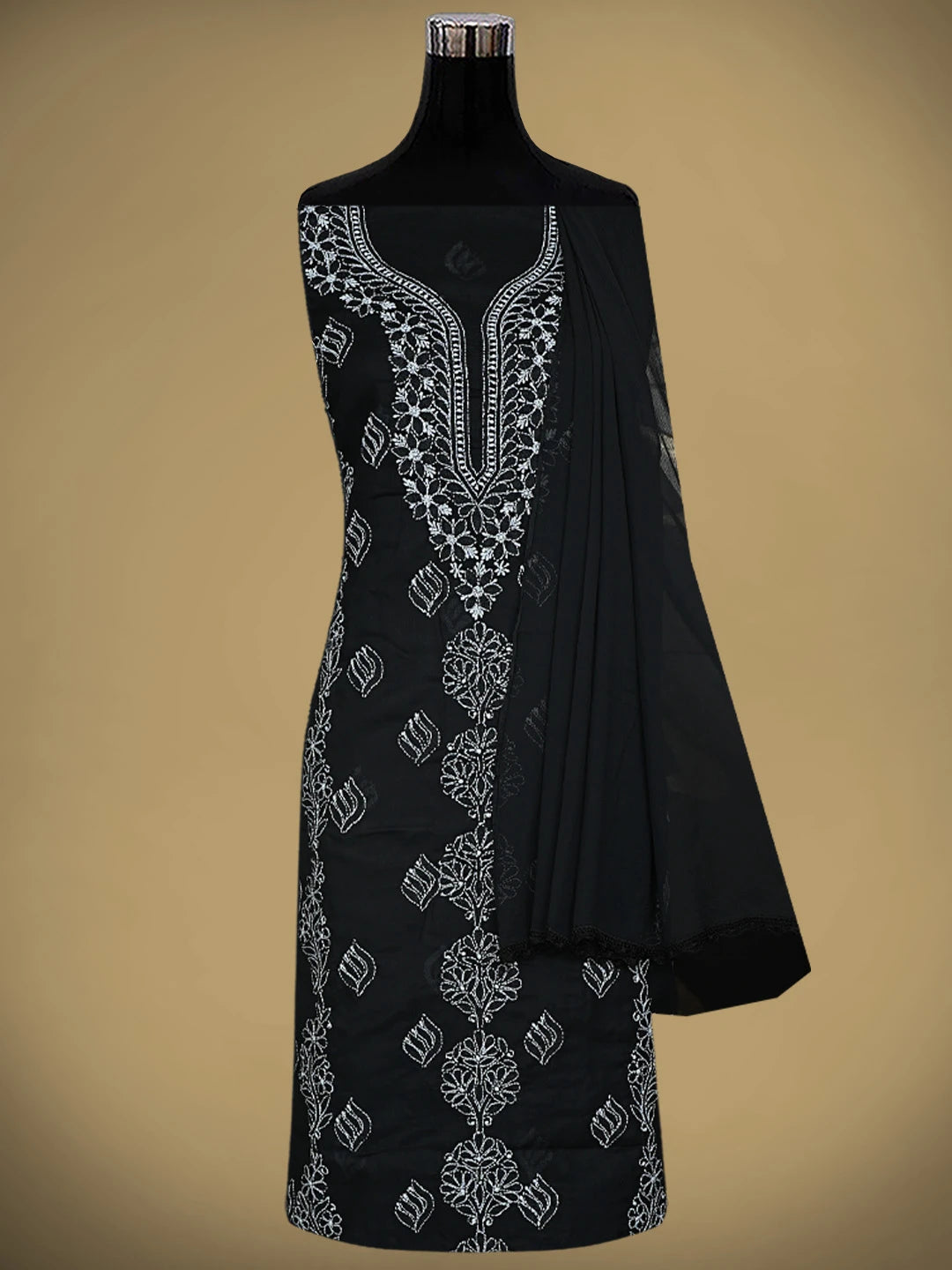 Ada Hand Embroidered Black Cotton Lucknowi Chikankari Unstitched Suit Piece 01A873285
