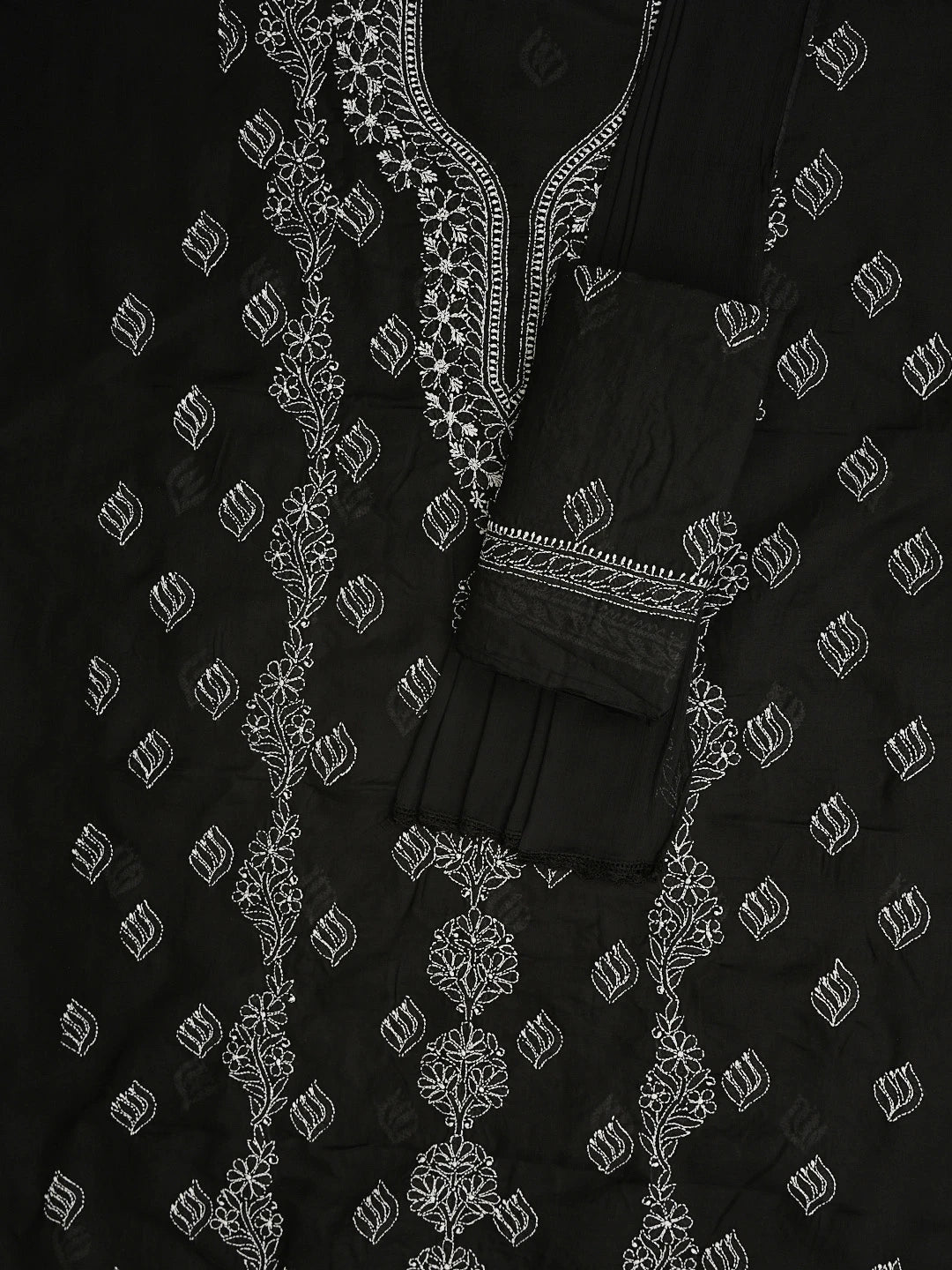 Ada Hand Embroidered Black Cotton Lucknowi Chikankari Unstitched Suit Piece 01A873285