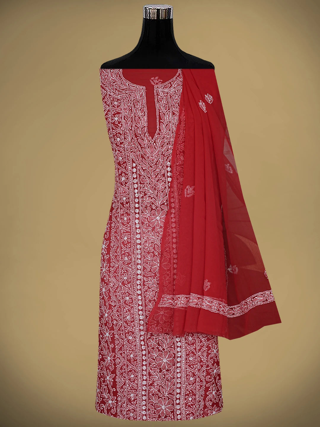 Ada Hand Embroidered Red Georgette Lucknowi Chikankari Unstitched Suit Piece 01A873546