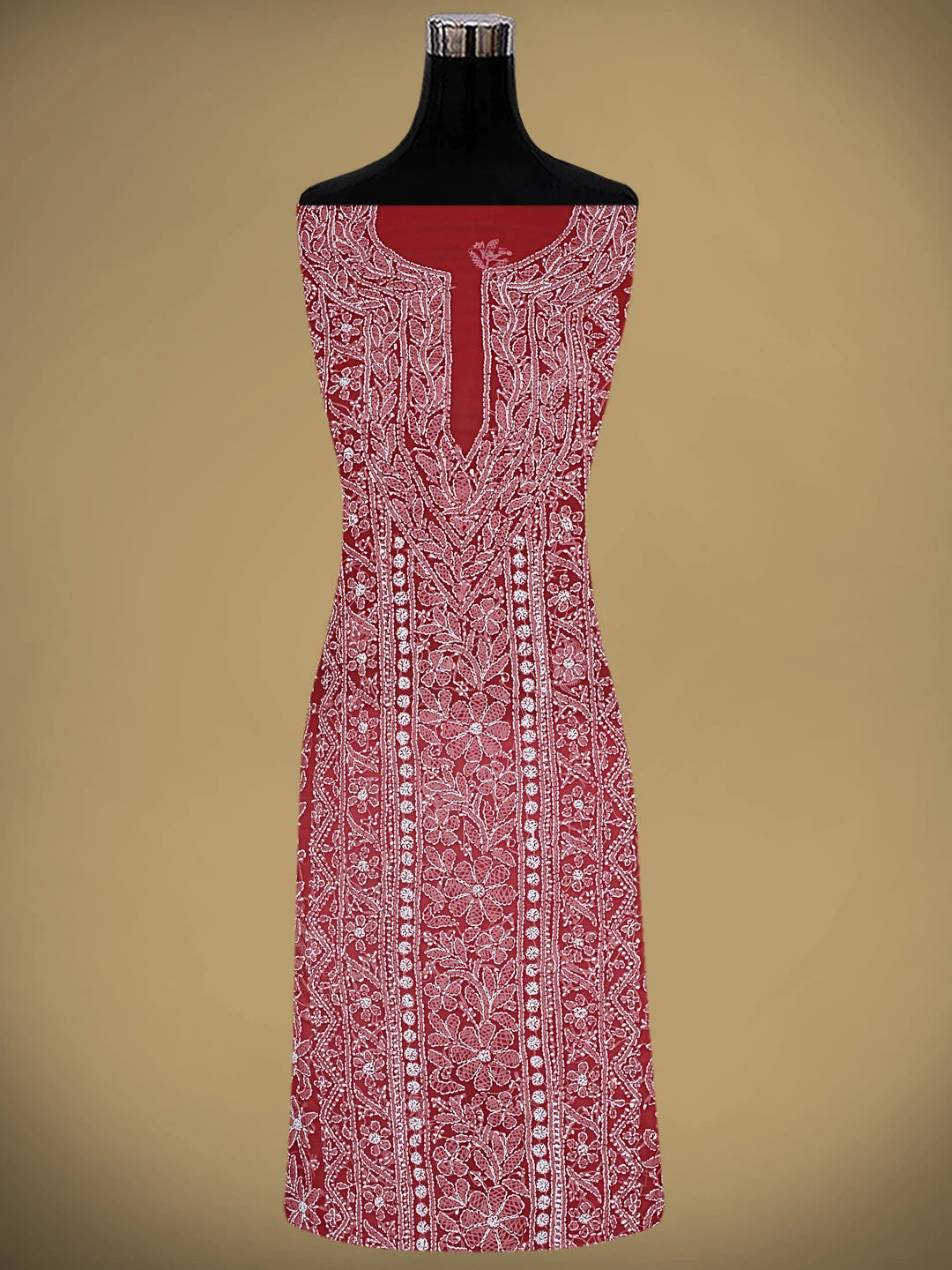 Ada Hand Embroidered Red Georgette Lucknowi Chikankari Unstitched Suit Piece 01A873546