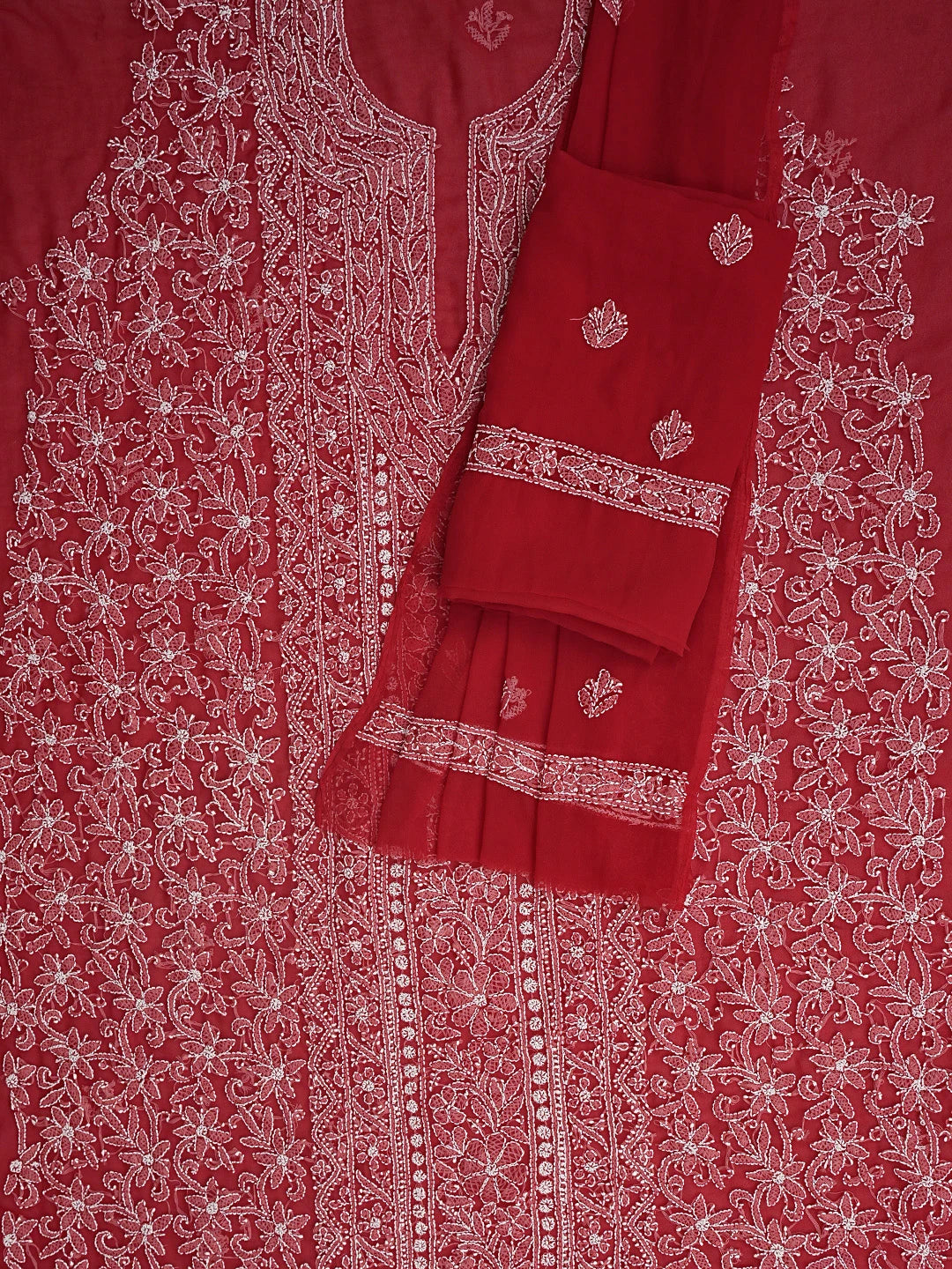 Ada Hand Embroidered Red Georgette Lucknowi Chikankari Unstitched Suit Piece 01A873546