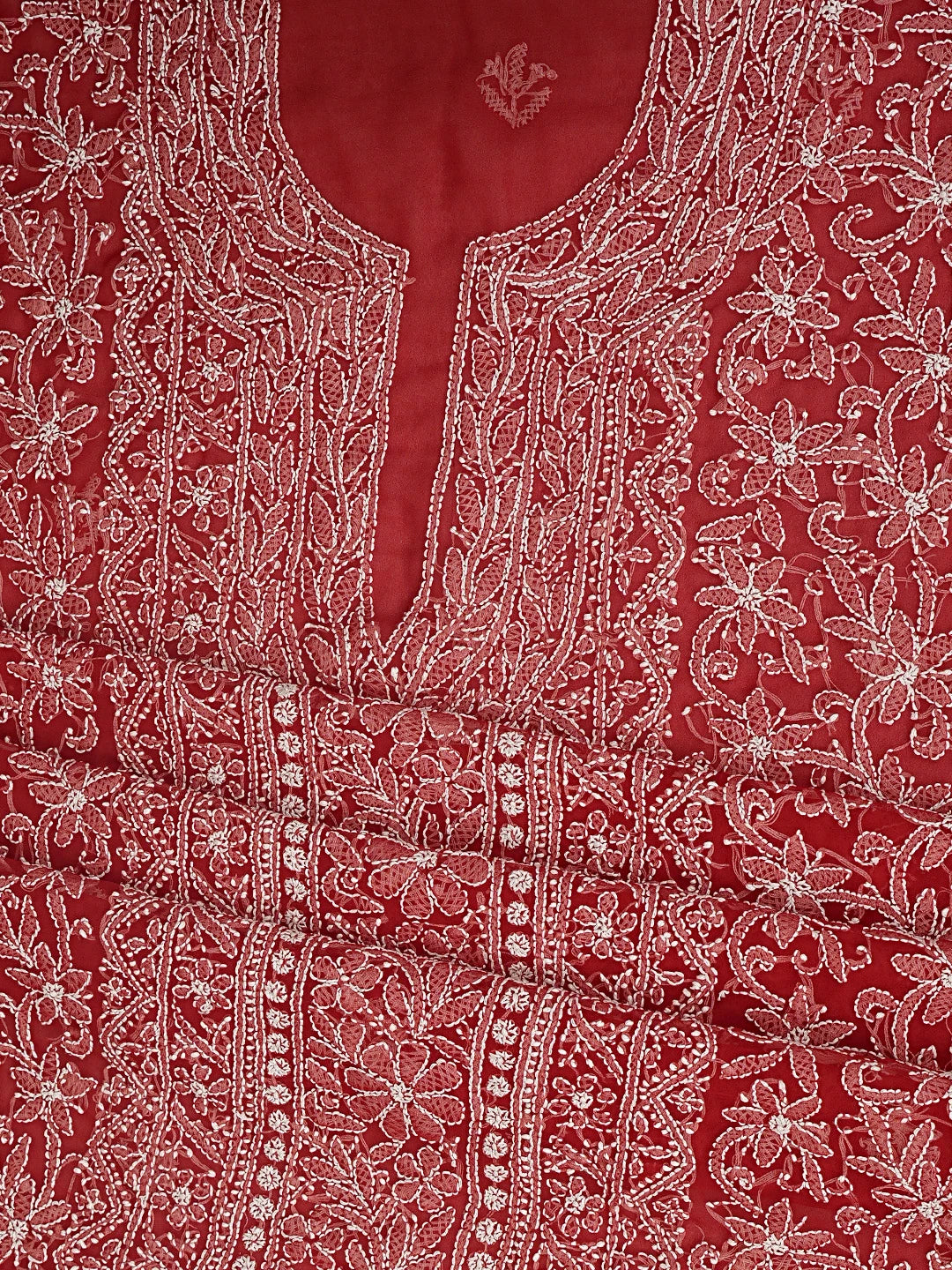 Ada Hand Embroidered Red Georgette Lucknowi Chikankari Unstitched Suit Piece 01A873546