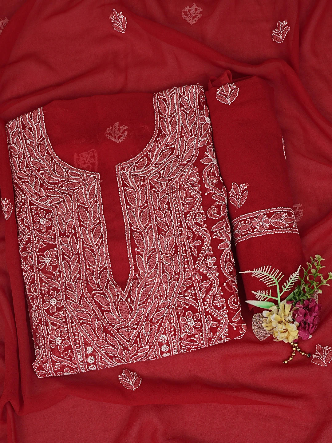 Ada Hand Embroidered Red Georgette Lucknowi Chikankari Unstitched Suit Piece 01A873546
