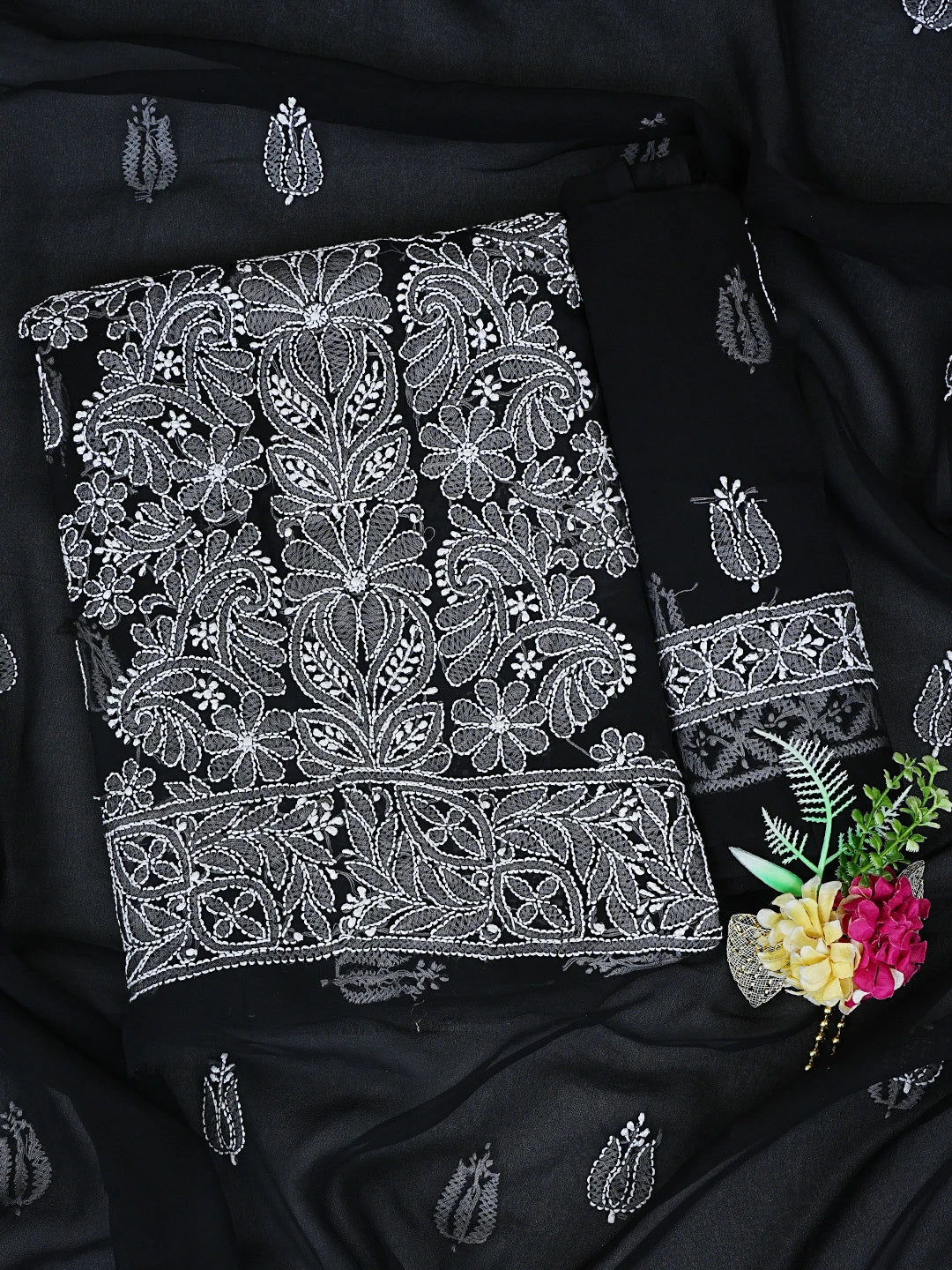 Ada Hand Embroidered Black Georgette Lucknowi Chikankari Unstitched Suit Piece 01A843438