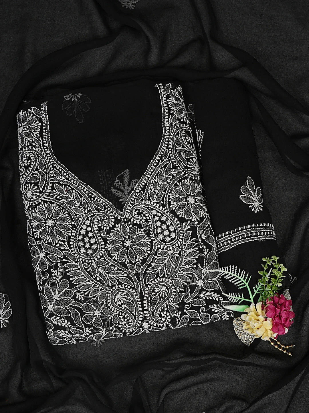 Ada Hand Embroidered Black Georgette Lucknowi Chikankari Unstitched Suit Piece 01A873544
