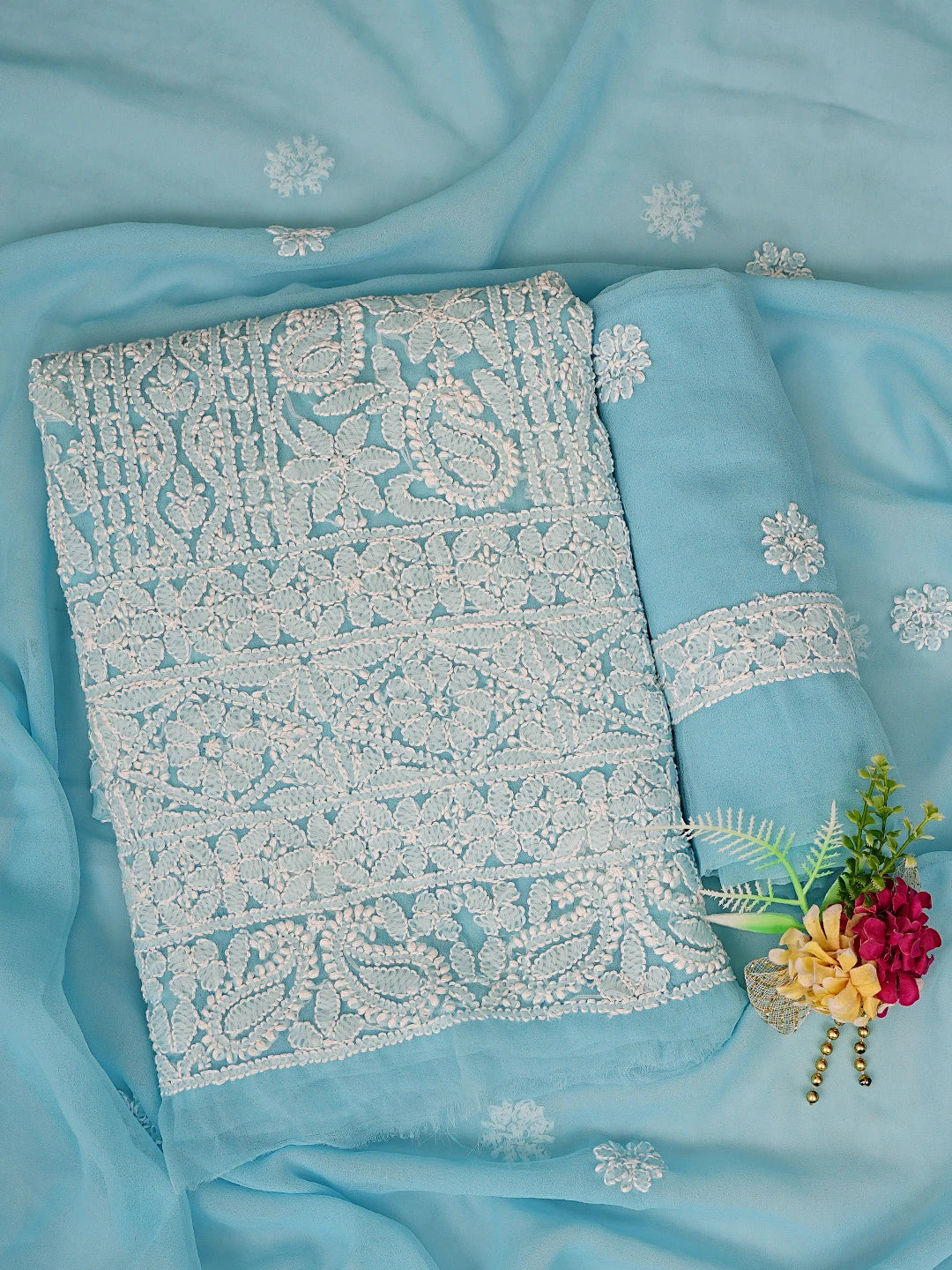 Ada Hand Embroidered Blue Georgette Lucknowi Chikankari Unstitched Suit Piece 01A873538