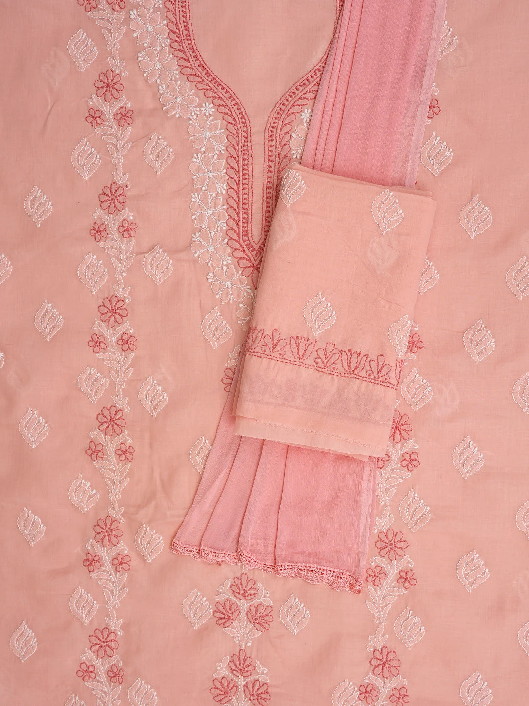 Ada Hand Embroidered Peach Cotton Lucknowi Chikankari Unstitched Suit Piece 01A873293