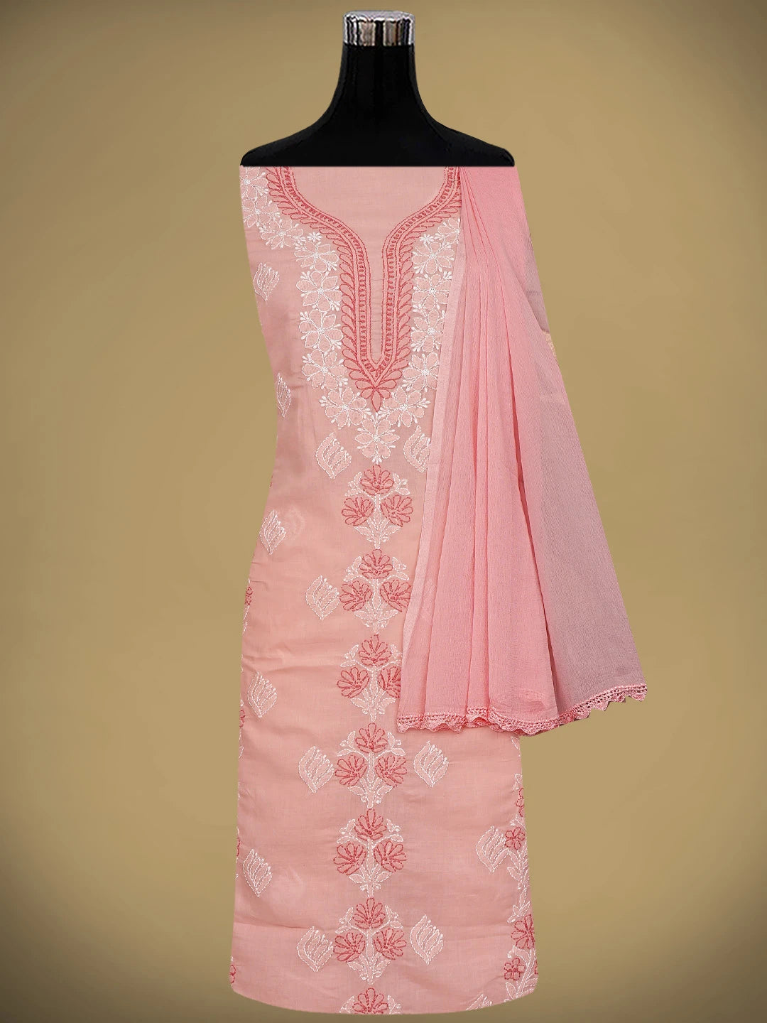 Ada Hand Embroidered Peach Cotton Lucknowi Chikankari Unstitched Suit Piece 01A873293