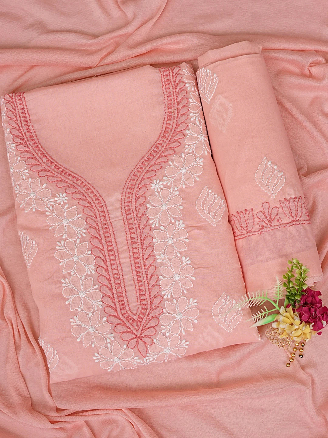 Ada Hand Embroidered Peach Cotton Lucknowi Chikankari Unstitched Suit Piece 01A873293
