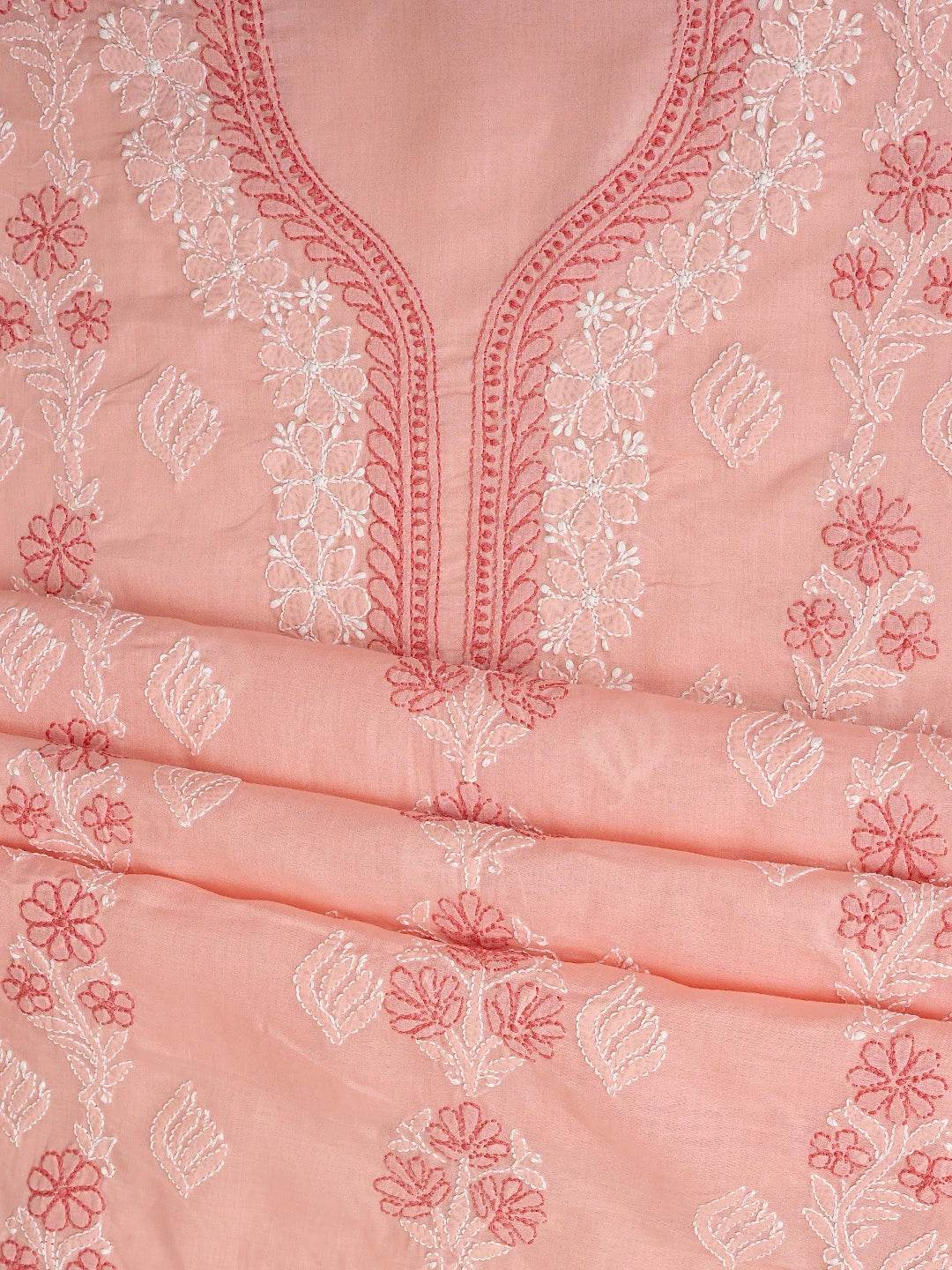 Ada Hand Embroidered Peach Cotton Lucknowi Chikankari Unstitched Suit Piece 01A873293