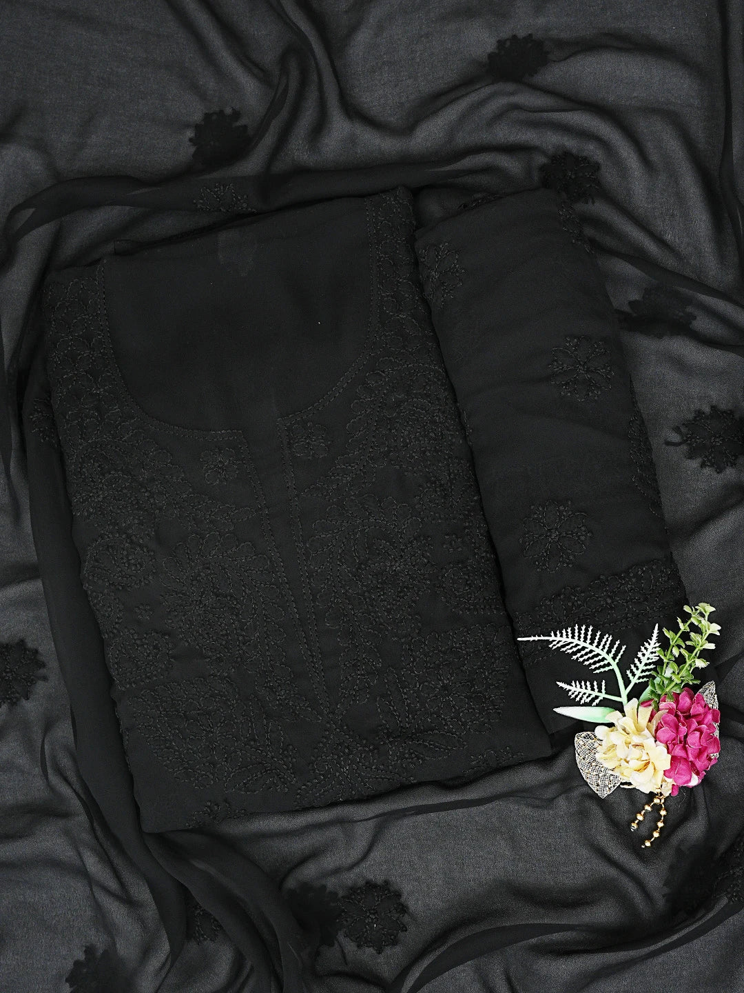 Ada Hand Embroidered Black Georgette Lucknowi Chikankari Unstitched Suit Piece 01A834692