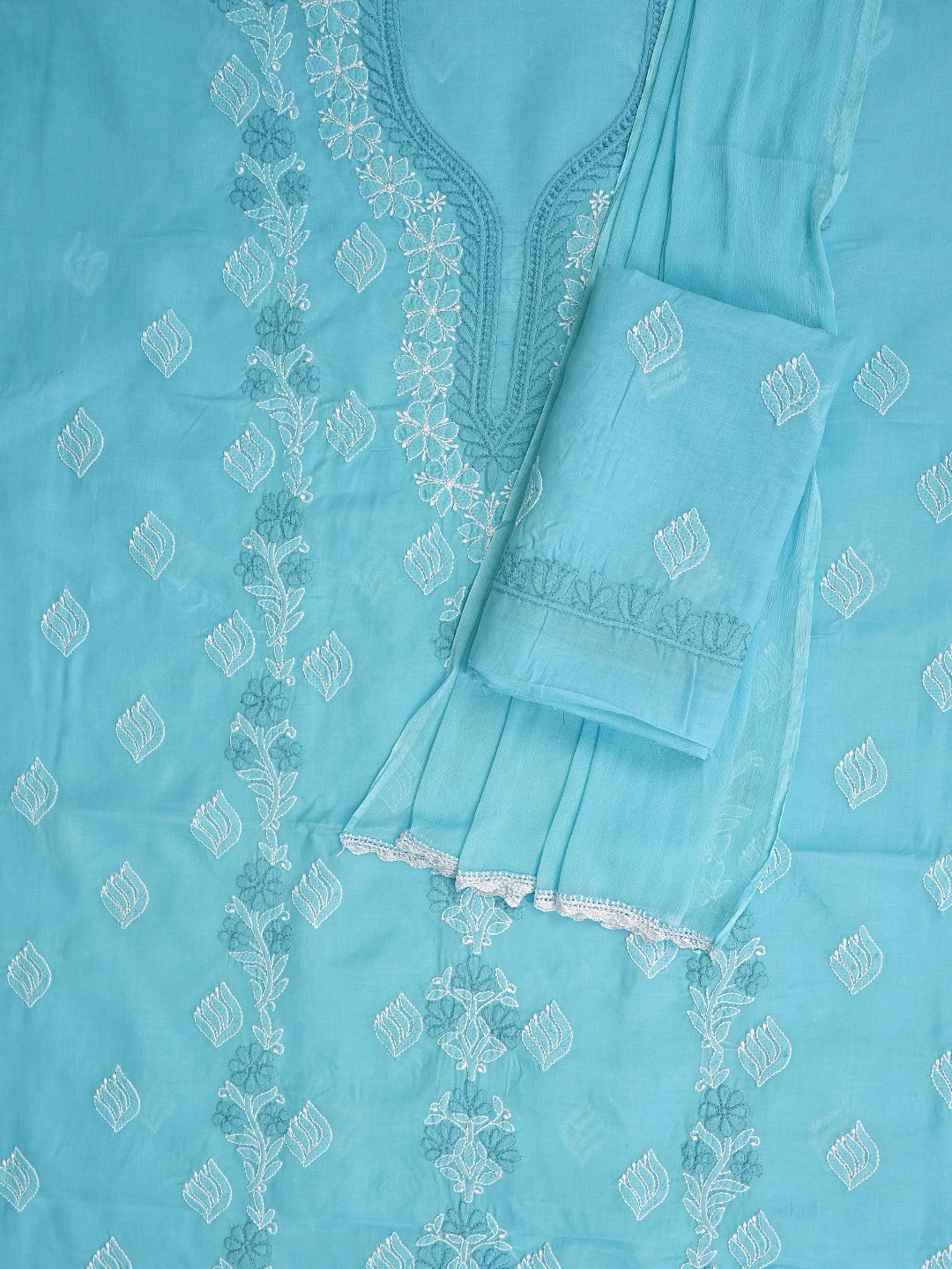 Ada Hand Embroidered Blue Cotton Lucknowi Chikankari Unstitched Suit Piece 01A873292