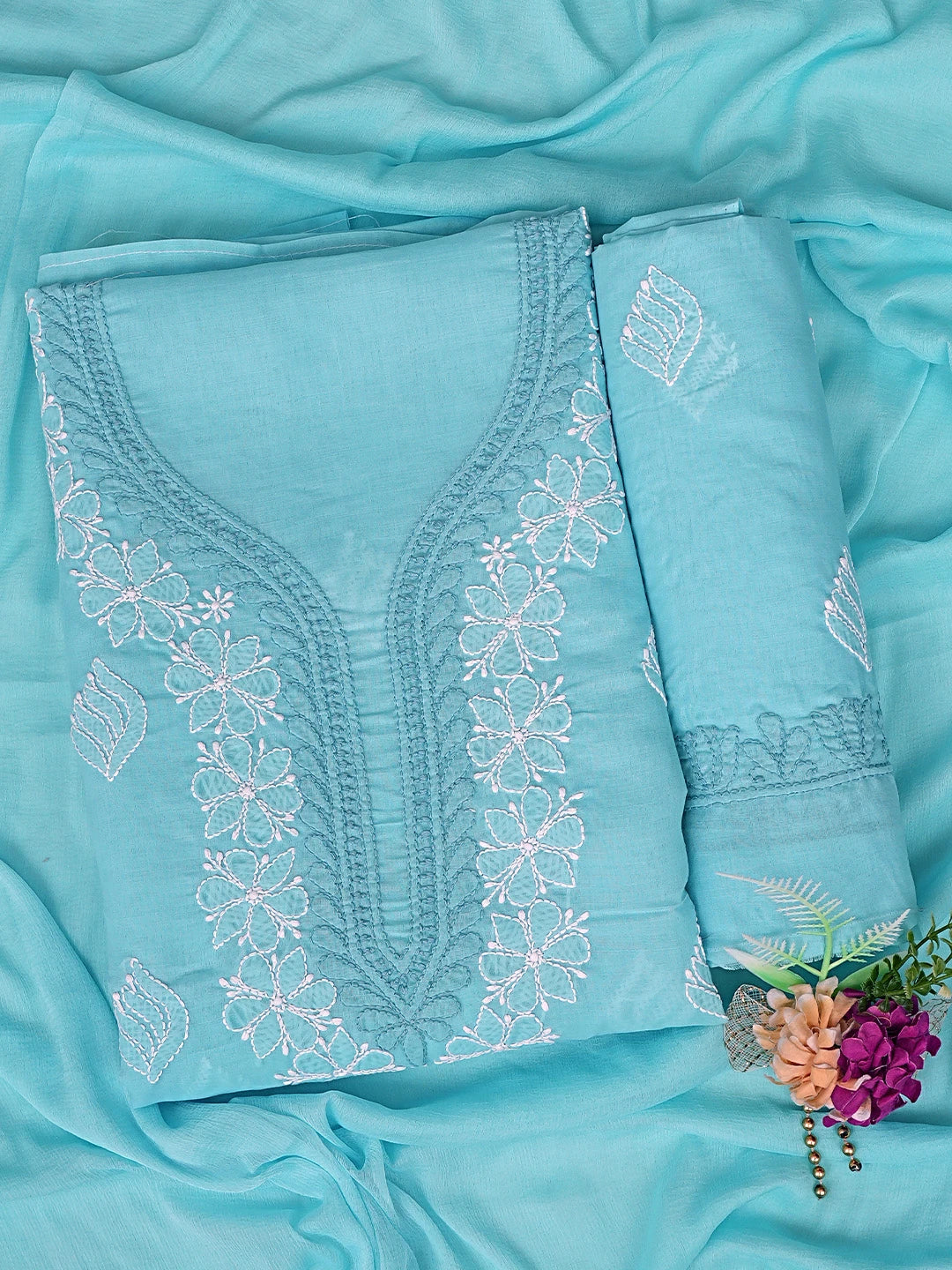 Ada Hand Embroidered Blue Cotton Lucknowi Chikankari Unstitched Suit Piece 01A873292