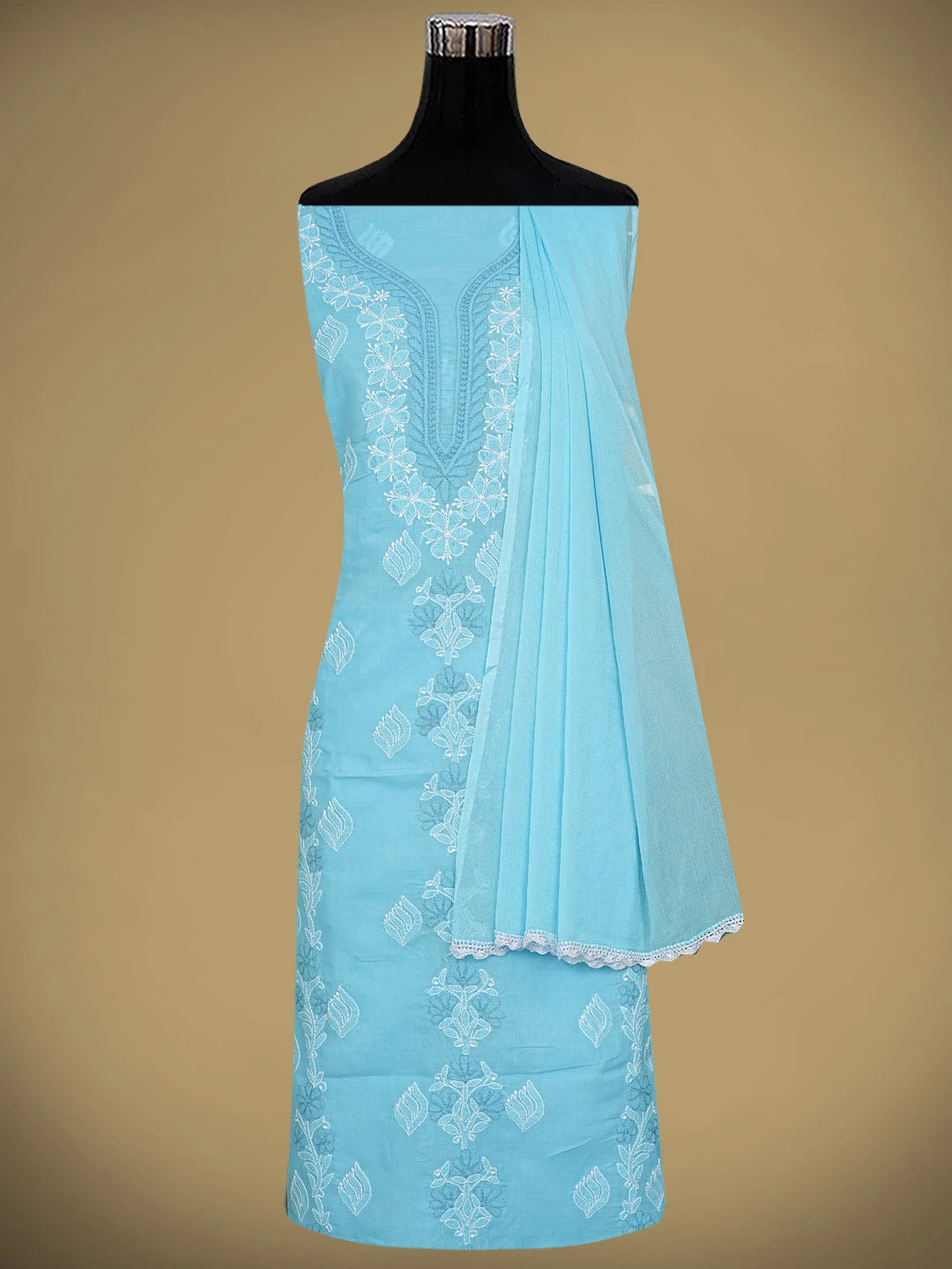 Ada Hand Embroidered Blue Cotton Lucknowi Chikankari Unstitched Suit Piece 01A873292