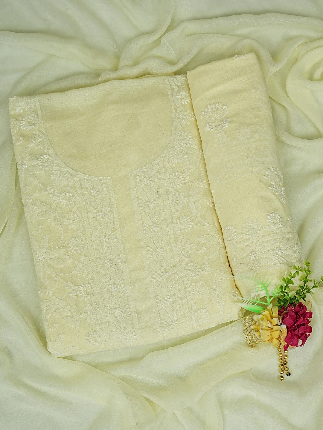 Ada Hand Embroidered Lemon Cotton Lucknowi Chikankari Unstitched Suit Piece 01A693512