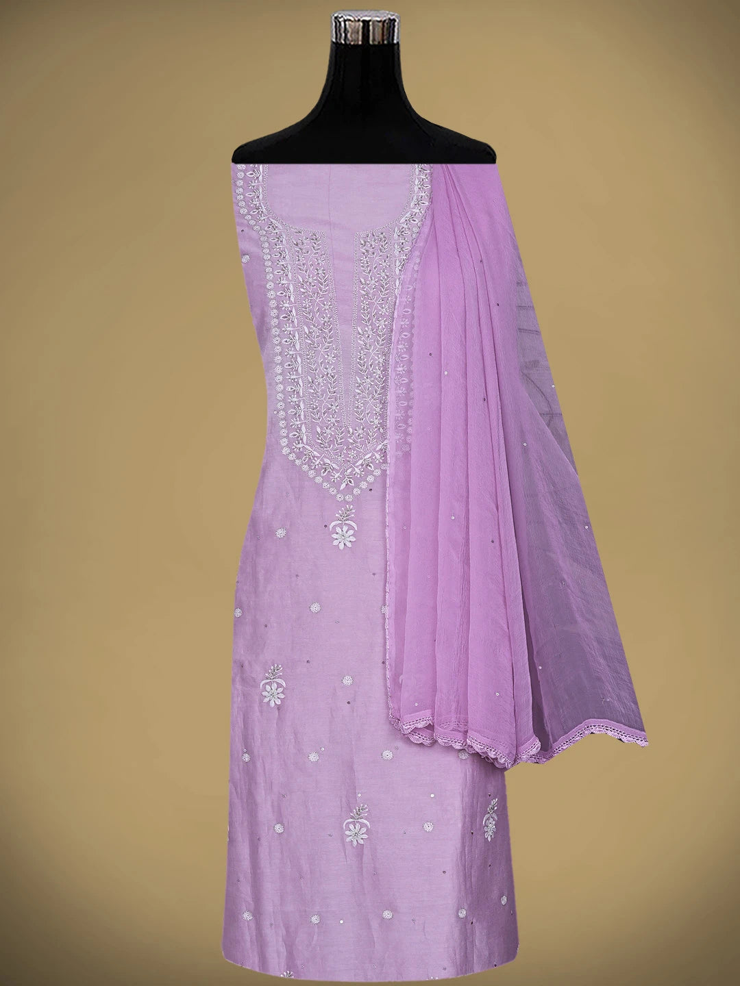 Ada Hand Embroidered Lavender Chanderi Lucknowi Chikankari Unstitched Suit Piece With Cutdana Work 01A791862