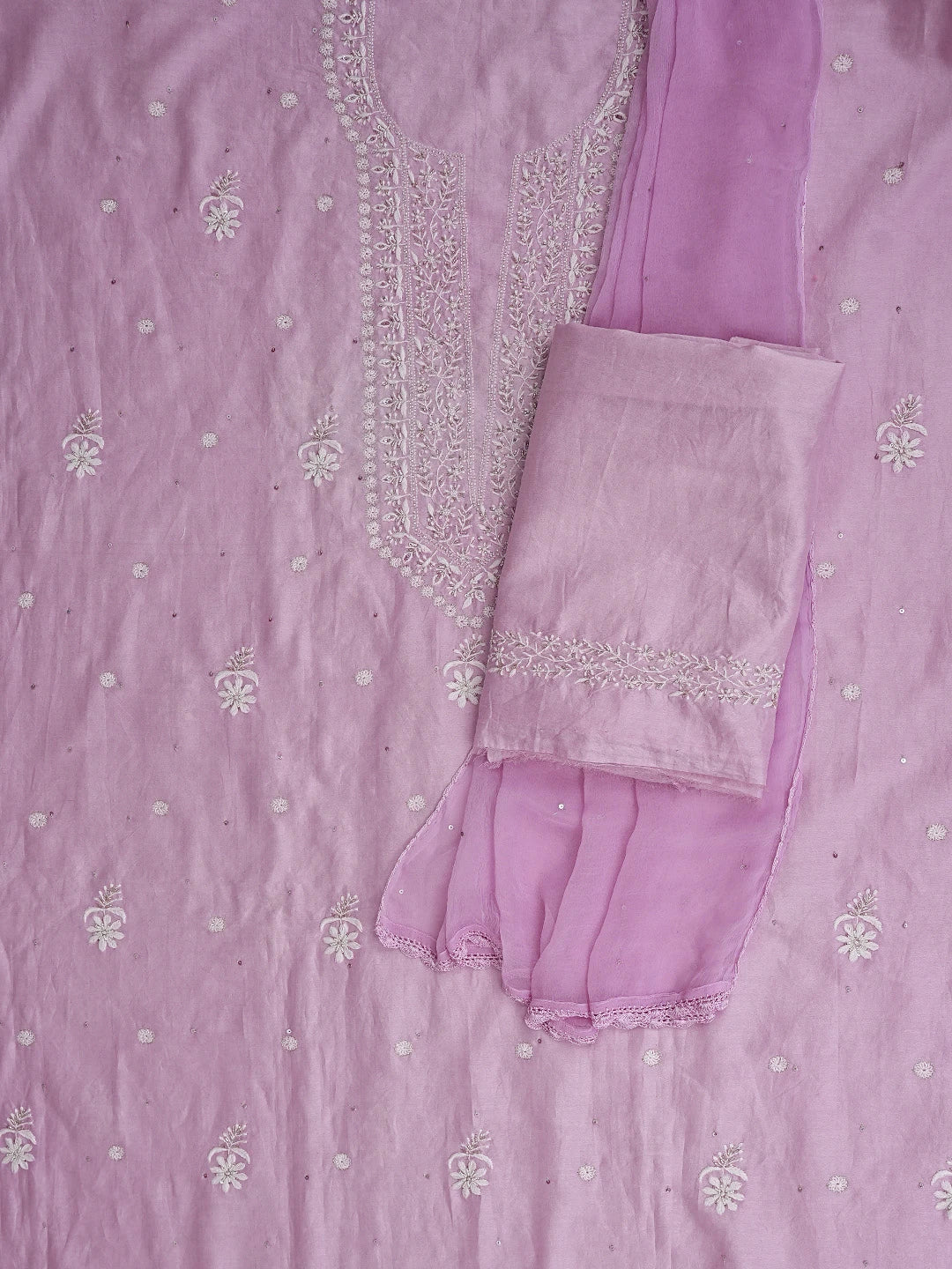 Ada Hand Embroidered Lavender Chanderi Lucknowi Chikankari Unstitched Suit Piece With Cutdana Work 01A791862