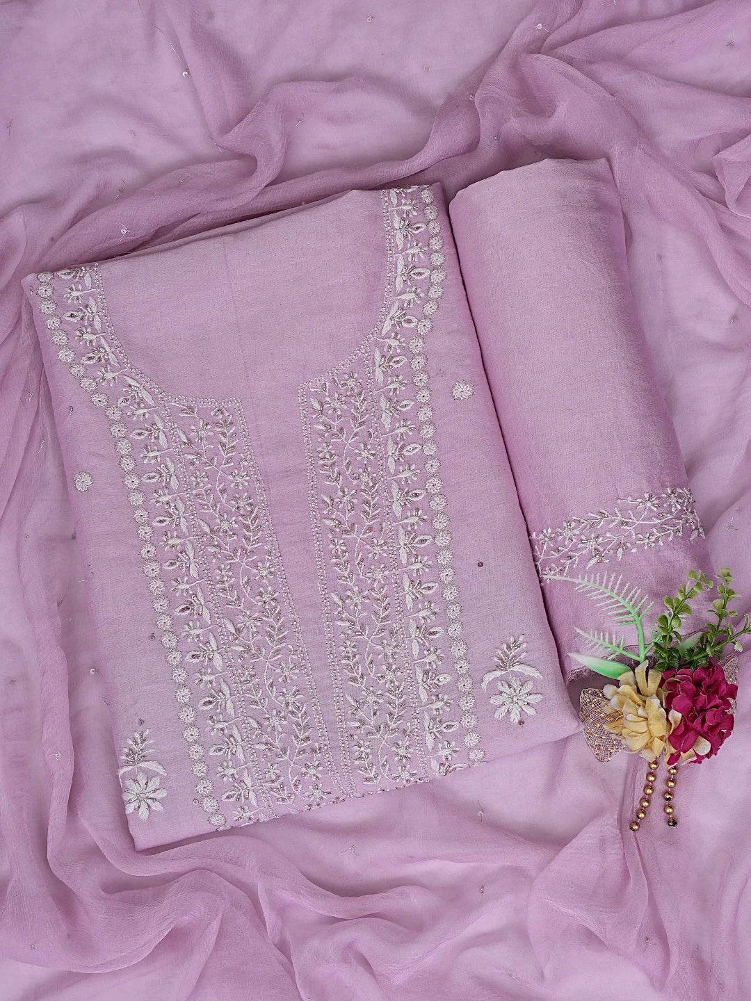 Ada Hand Embroidered Lavender Chanderi Lucknowi Chikankari Unstitched Suit Piece With Cutdana Work 01A791862