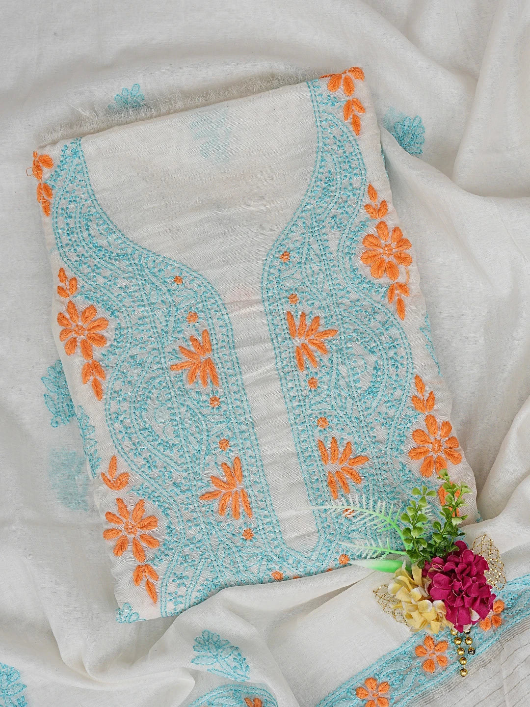 Ada Hand Embroidered White Cosmic Latte Chanderi Lucknowi Chikankari Unstitched Kurta Dupatta Set 01A862911