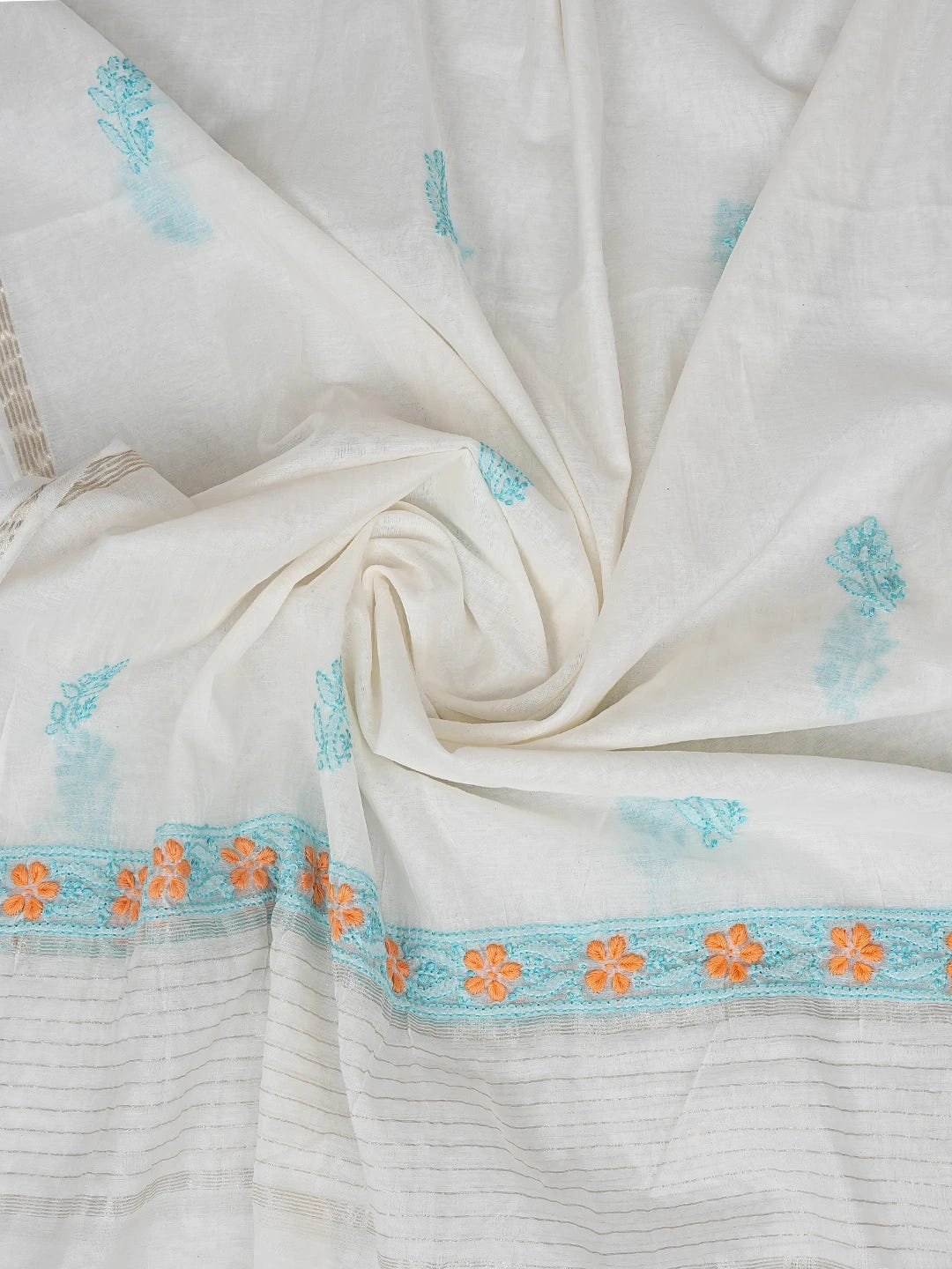 Ada Hand Embroidered White Cosmic Latte Chanderi Lucknowi Chikankari Unstitched Kurta Dupatta Set 01A862911