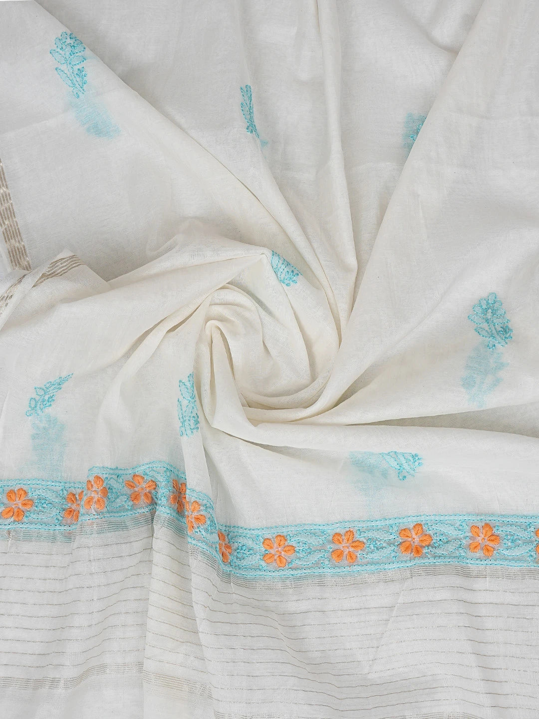 Ada Hand Embroidered White Cosmic Latte Chanderi Lucknowi Chikankari Unstitched Kurta Dupatta Set 01A862911