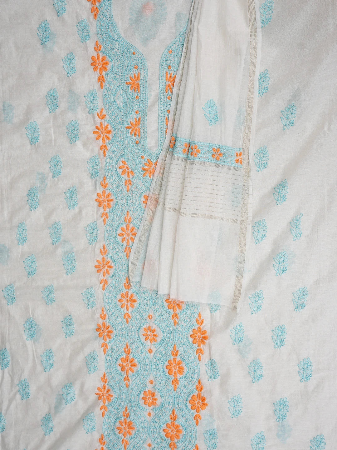 Ada Hand Embroidered White Cosmic Latte Chanderi Lucknowi Chikankari Unstitched Kurta Dupatta Set 01A862911