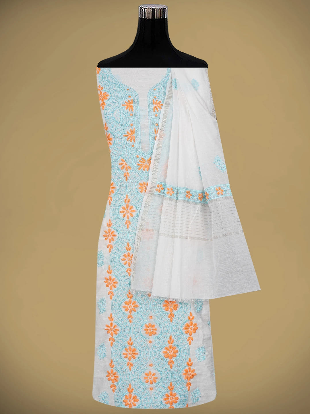 Ada Hand Embroidered White Cosmic Latte Chanderi Lucknowi Chikankari Unstitched Kurta Dupatta Set 01A862911