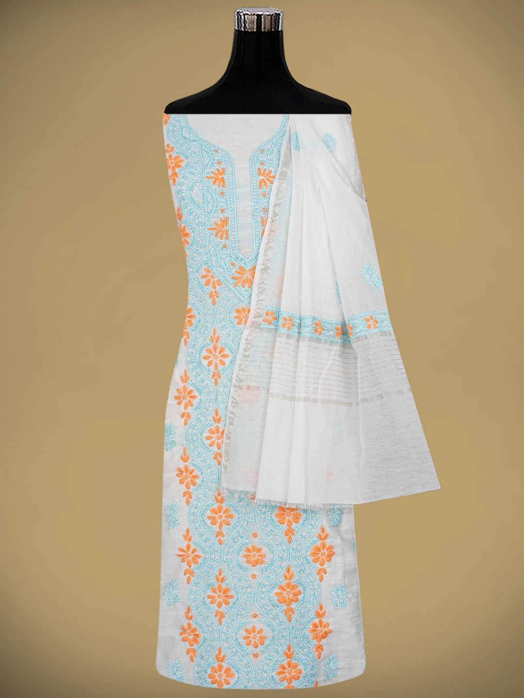 Ada Hand Embroidered White Cosmic Latte Chanderi Lucknowi Chikankari Unstitched Kurta Dupatta Set 01A862911