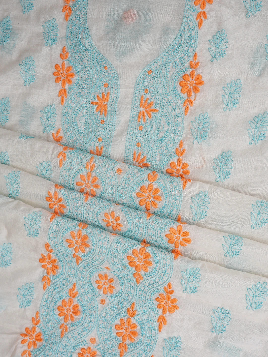 Ada Hand Embroidered White Cosmic Latte Chanderi Lucknowi Chikankari Unstitched Kurta Dupatta Set 01A862911