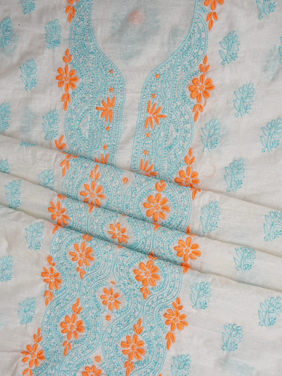 Ada Hand Embroidered White Cosmic Latte Chanderi Lucknowi Chikankari Unstitched Kurta Dupatta Set 01A862911