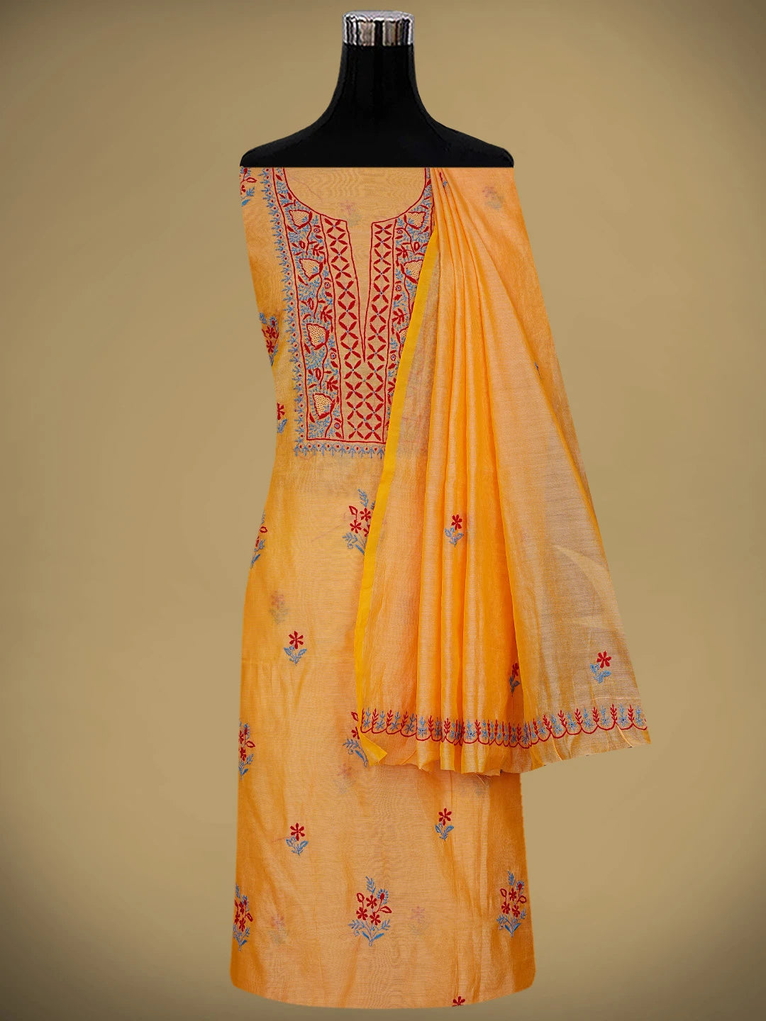 Ada Hand Embroidered Yellow Chanderi Lucknowi Chikankari Unstitched Kurta Dupatta Set 01A334094