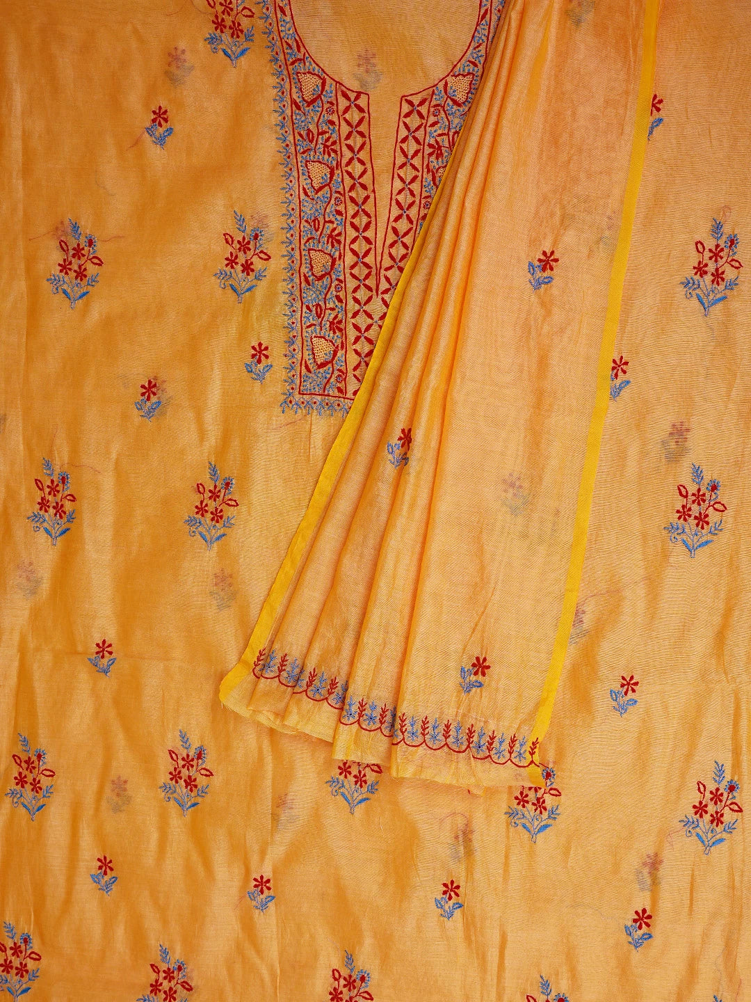 Ada Hand Embroidered Yellow Chanderi Lucknowi Chikankari Unstitched Kurta Dupatta Set 01A334094