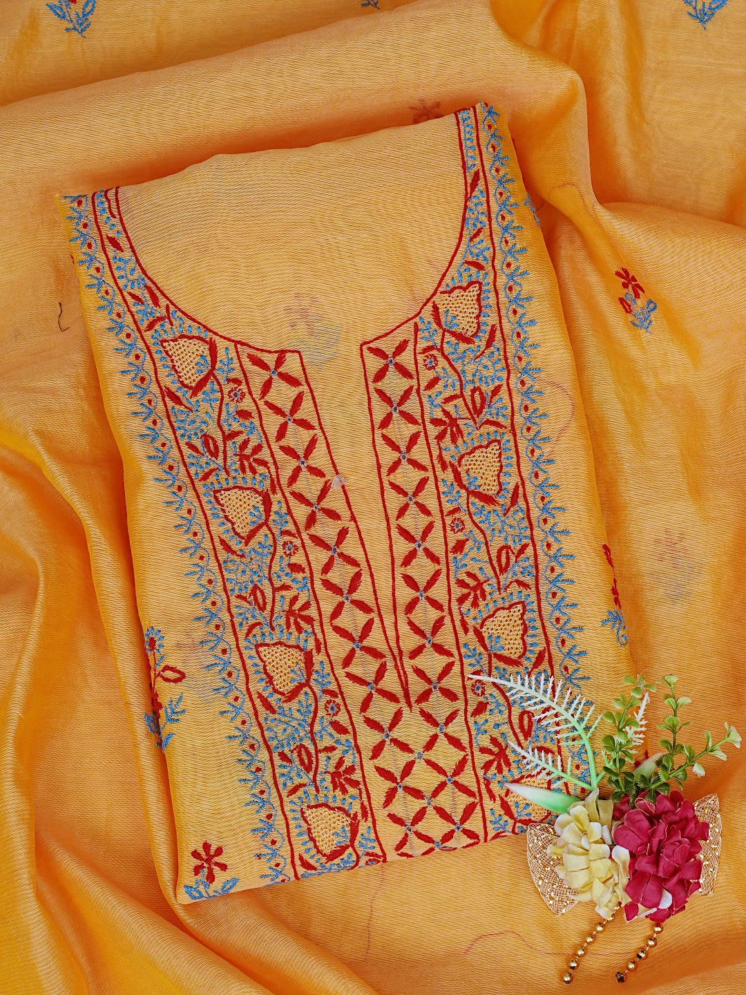 Ada Hand Embroidered Yellow Chanderi Lucknowi Chikankari Unstitched Kurta Dupatta Set 01A334094